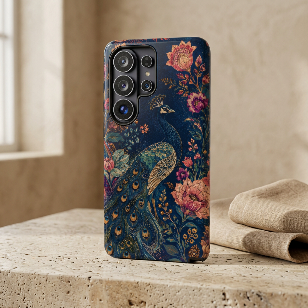 Peacock Floral Tough Samsung Galaxy Phone Case | Antique Indigo Gold Art Cover