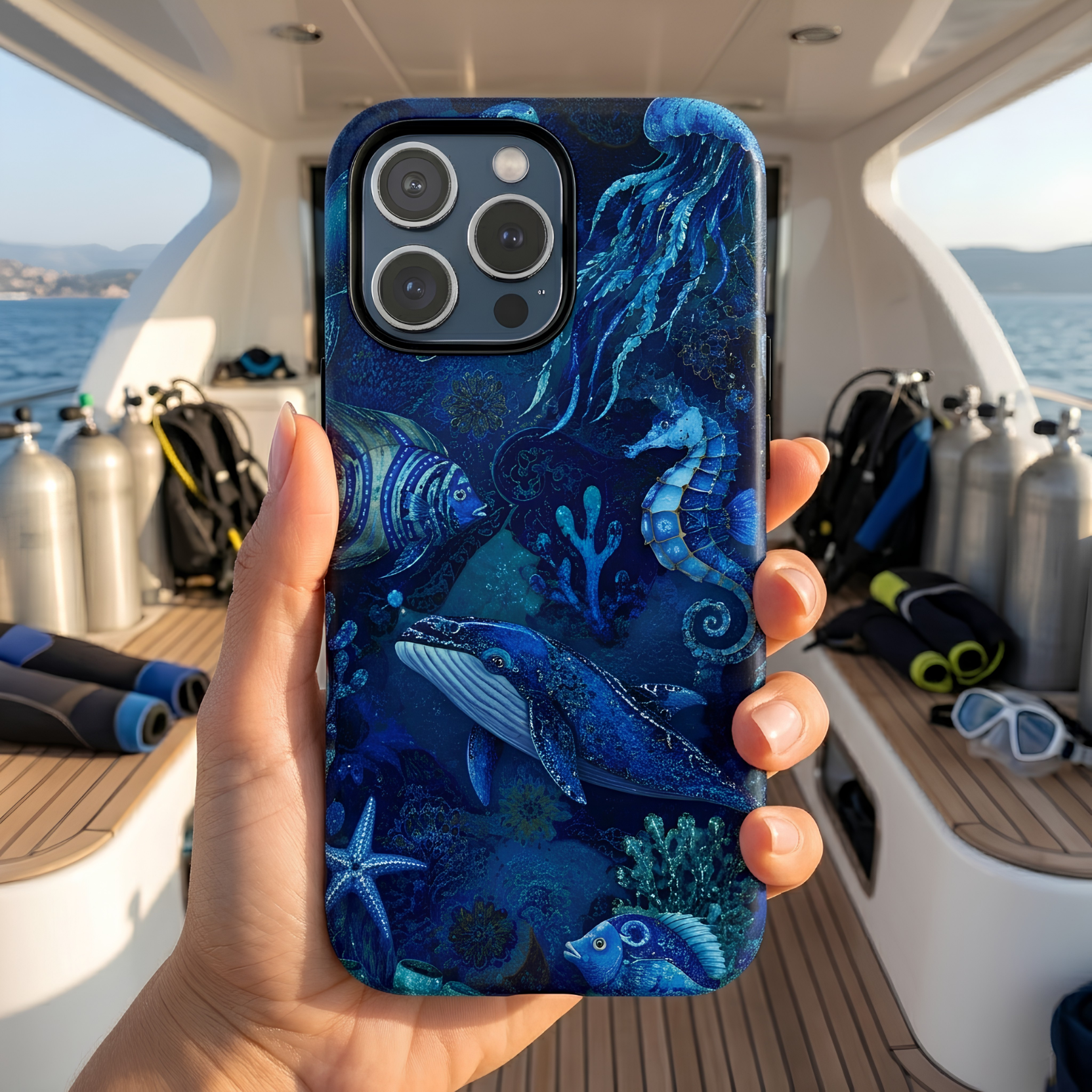 Ocean Animals Tough iPhone Case | Navy Blue Undersea Whale Cover