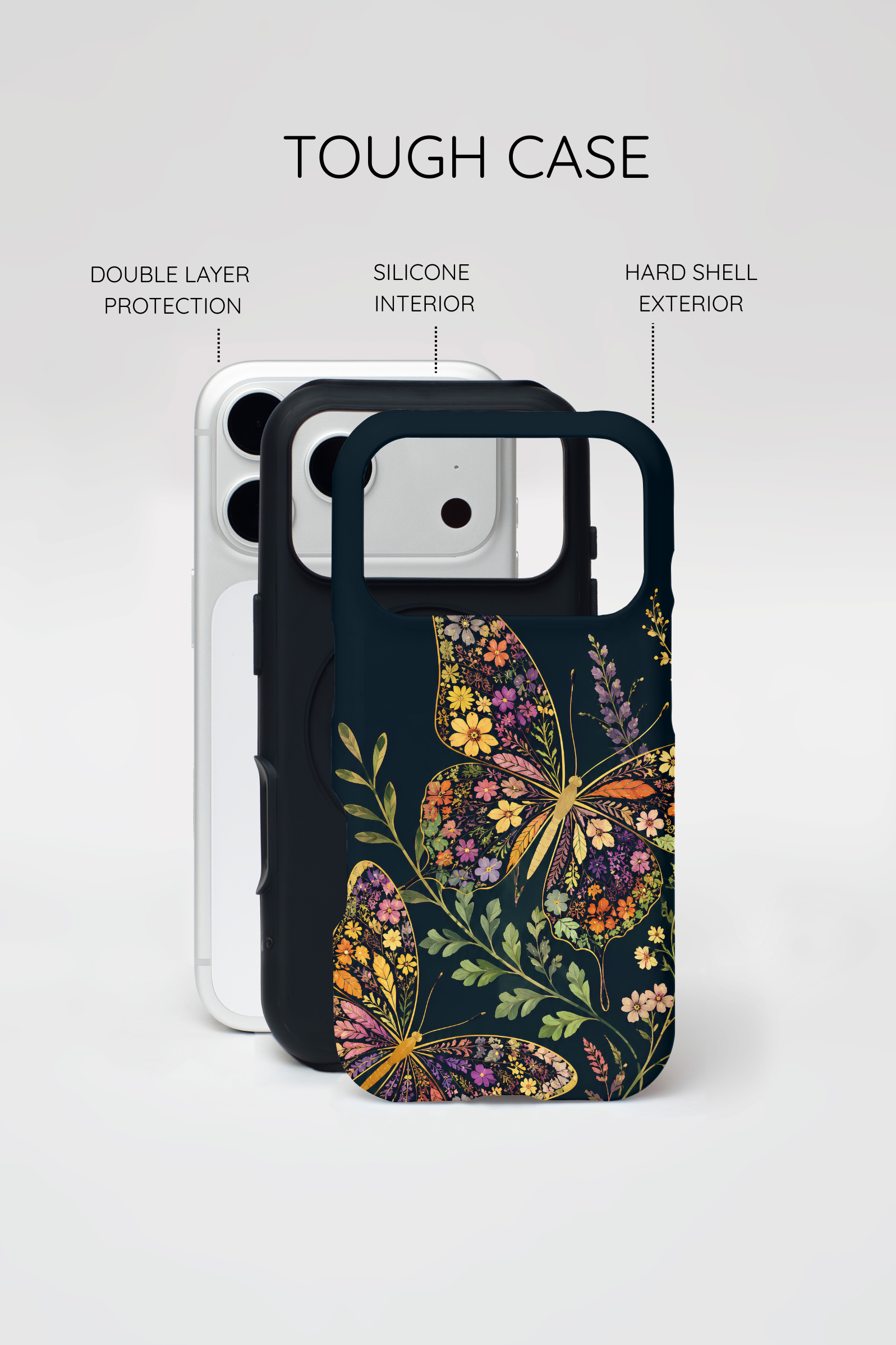 Floral Butterfly Tough iPhone Case | Cute Cottagecore Gold Lavender Cover