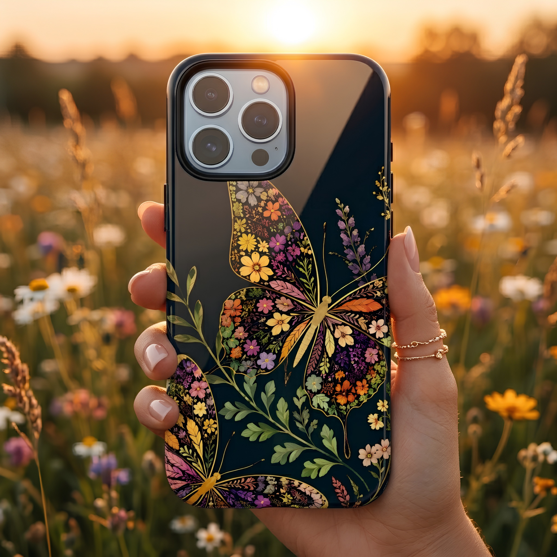 Floral Butterfly Tough iPhone Case | Cute Cottagecore Gold Lavender Cover