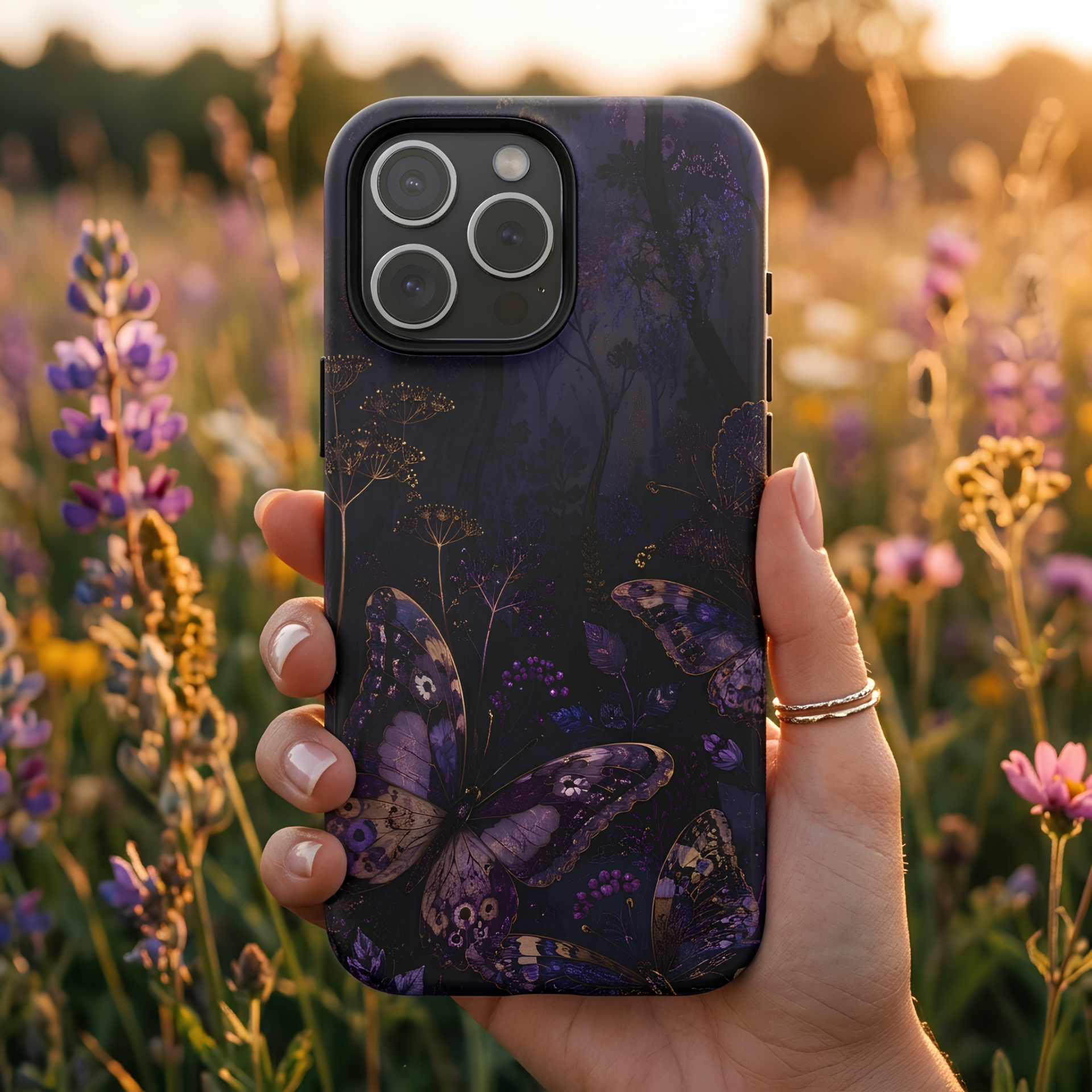Purple Night Butterflies iPhone case | Moody Purple Floral Cover