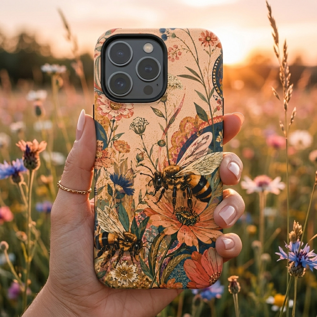Honeybee Tough iPhone Case | Vintage Botanical Flower Cover