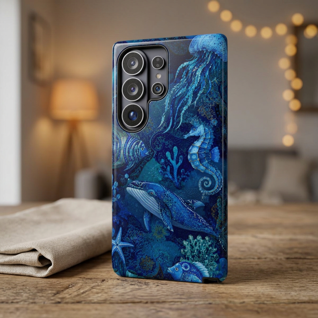 Ocean Animals Tough Samsung Galaxy Phone Case | Navy Blue Undersea Whale Cover