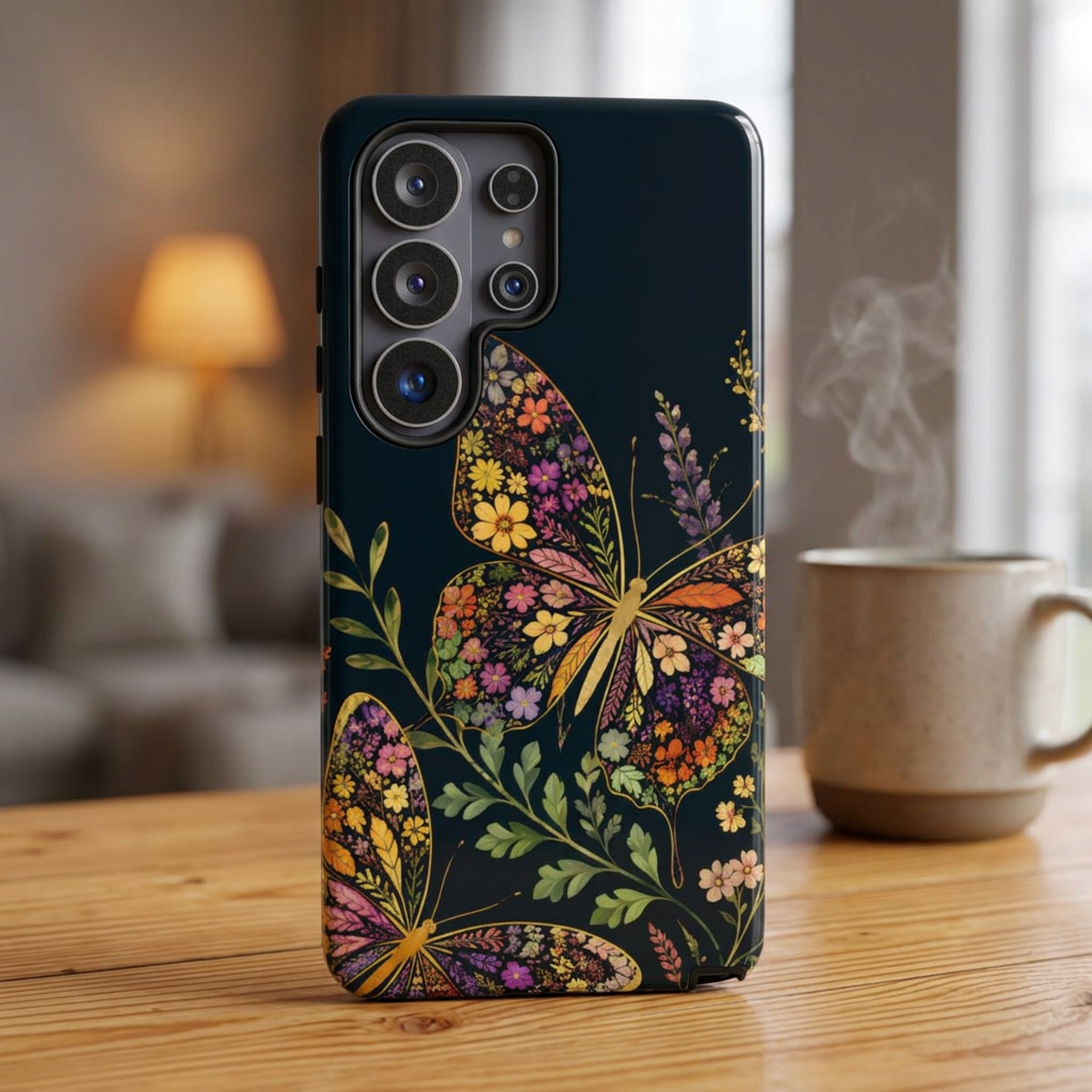 Floral Butterfly Tough Samsung Galaxy Phone Case | Cute Cottagecore Gold Lavender Cover