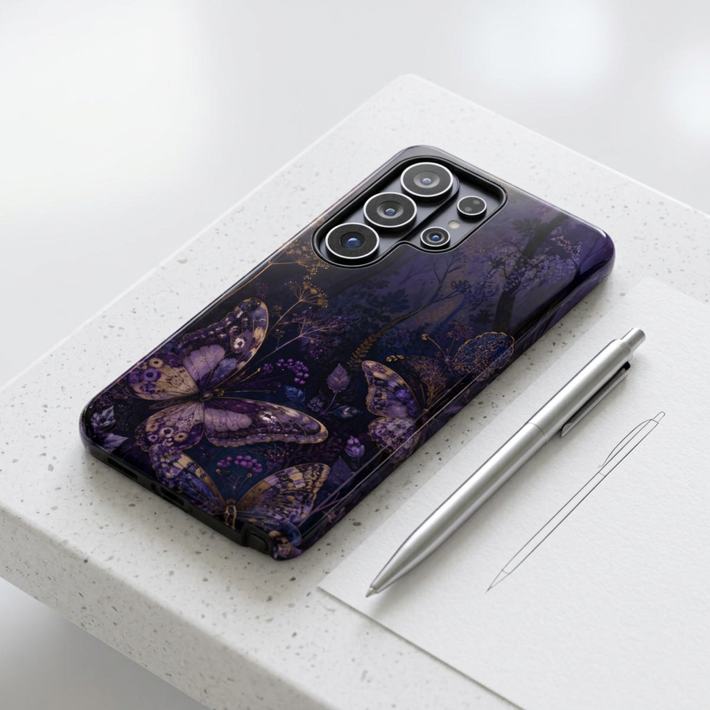 Purple Night Butterflies Samsung Galaxy Phone Case | Moody Purple Floral Cover