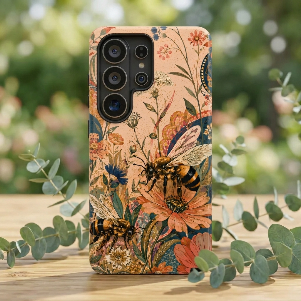 Honeybee Tough Samsung Galaxy Phone Case | Vintage Botanical Flower Cover