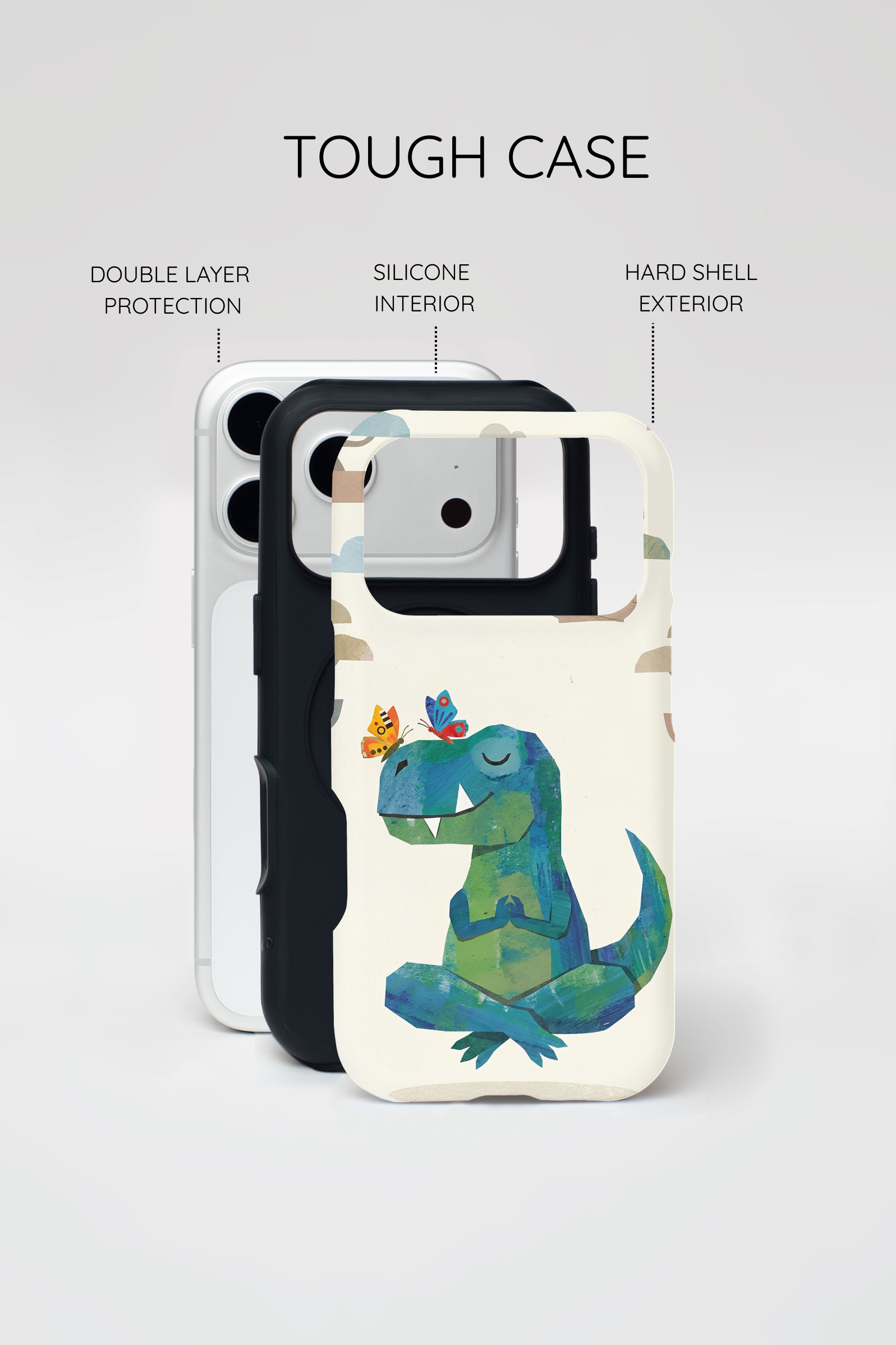 Meditating Dinosaur iPhone Case | Cute T-Rex with Butterflies and Bonsai