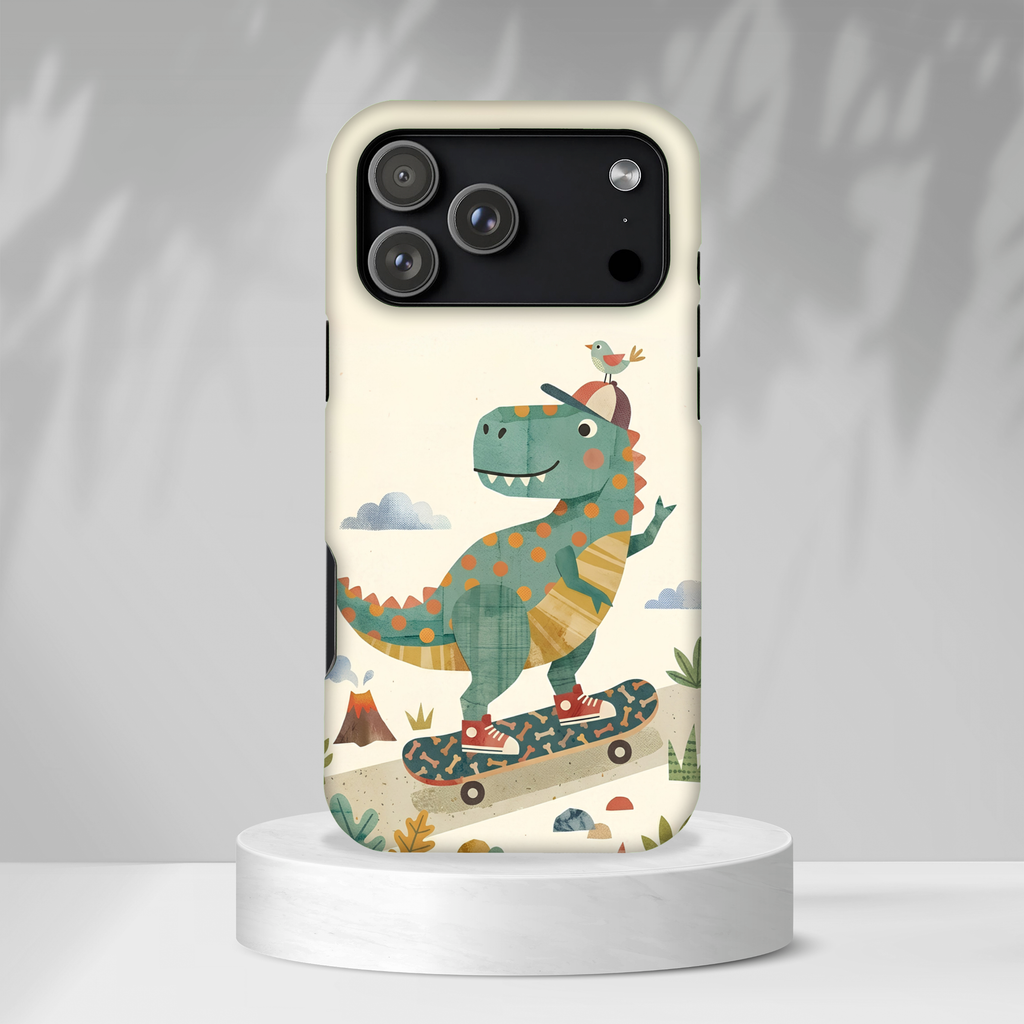 Cute Skateboarding Dinosaur Tough iPhone Case | Vintage Kid Aesthetic T Rex Cover