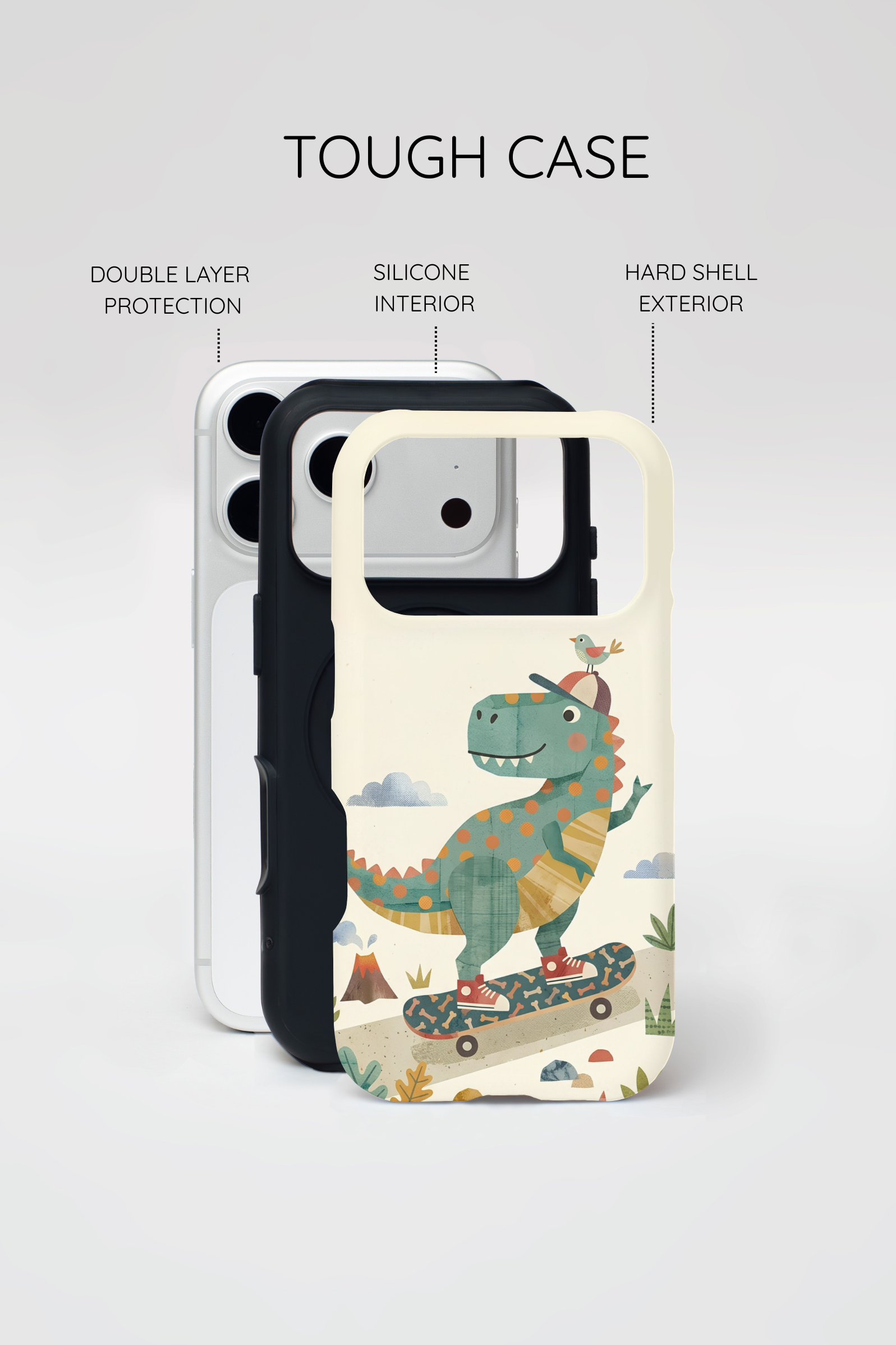 Cute Skateboarding Dinosaur Tough iPhone Case | Vintage Kid Aesthetic T Rex Cover