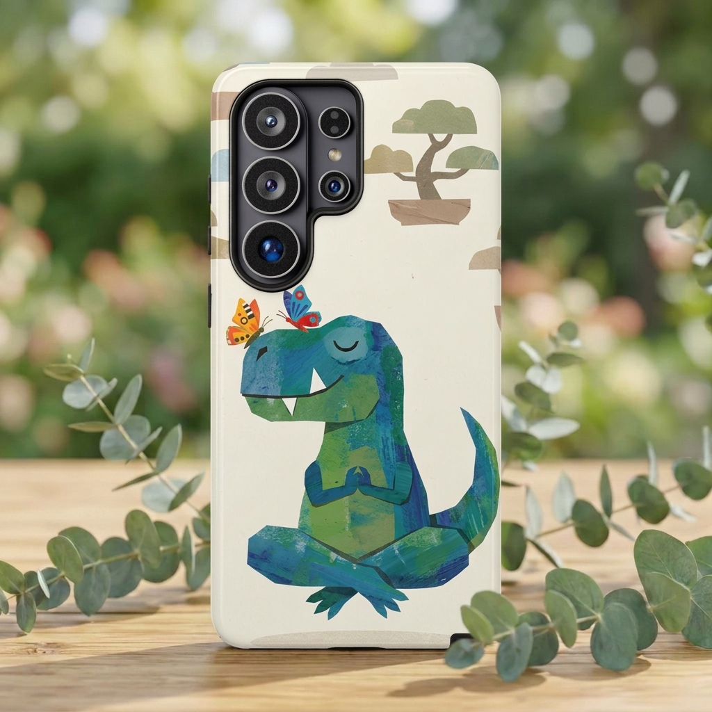 Meditating Dinosaur Samsung Galaxy Phone Case | Cute T-Rex with Butterflies and Bonsai