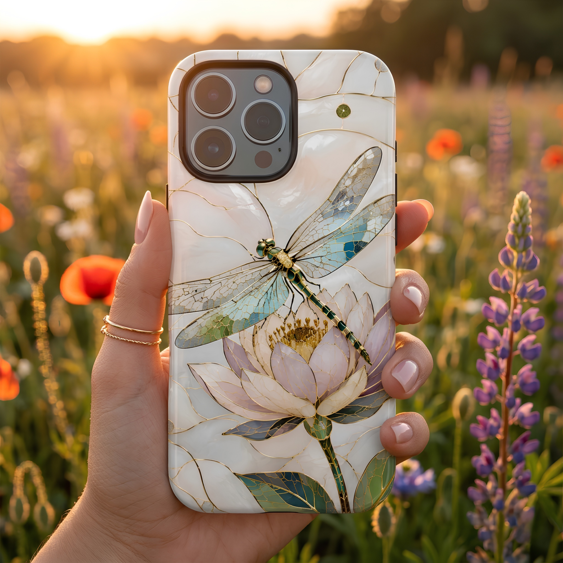 Dragonfly Lotus iPhone Case | Stained Glass Floral Phone Case