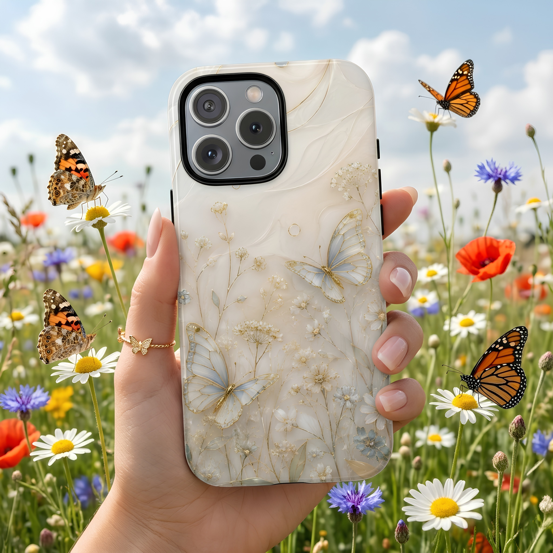 Butterfly Floral iPhone Case | Cottagecore Meadow Art Cover