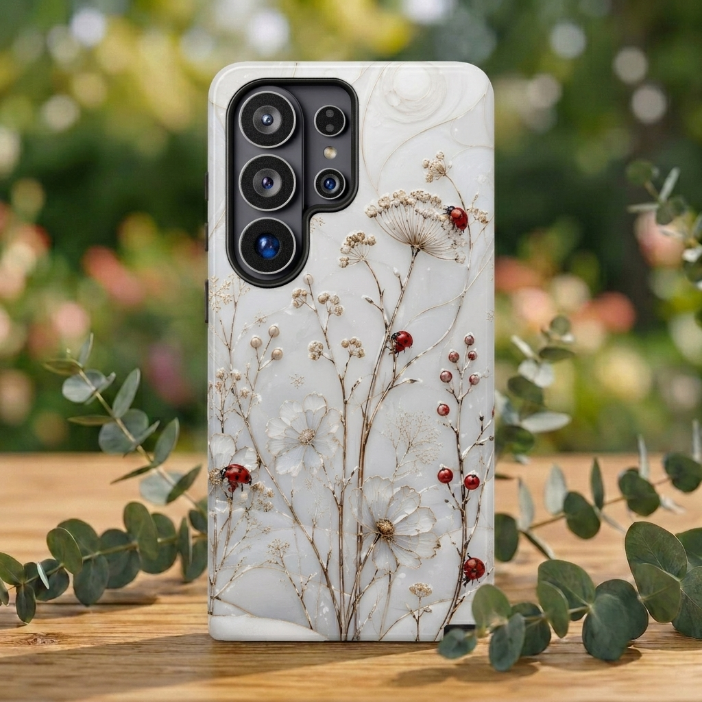 Ladybug Floral Samsung Galaxy Phone Case | White Flower Phone Case