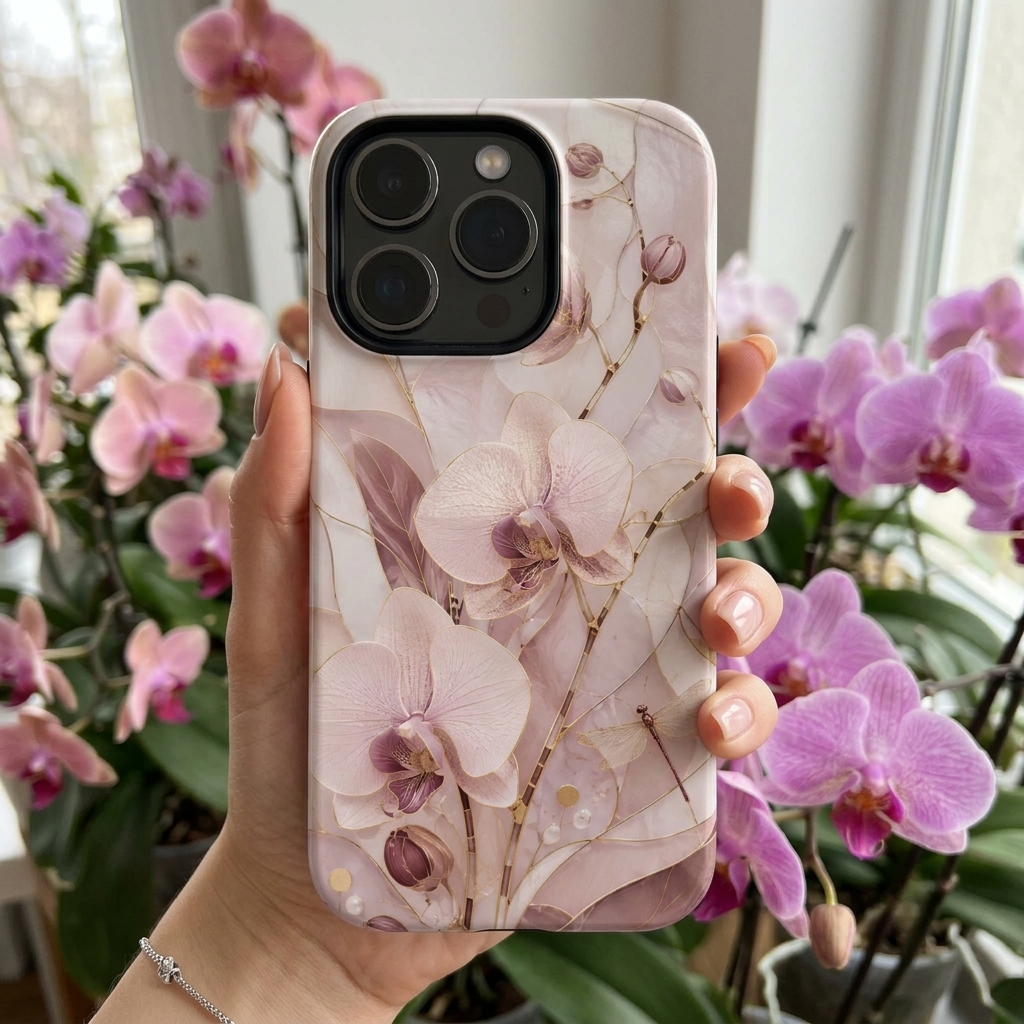 Stained Glass Orchid iPhone Case | Pink Floral Protective Case