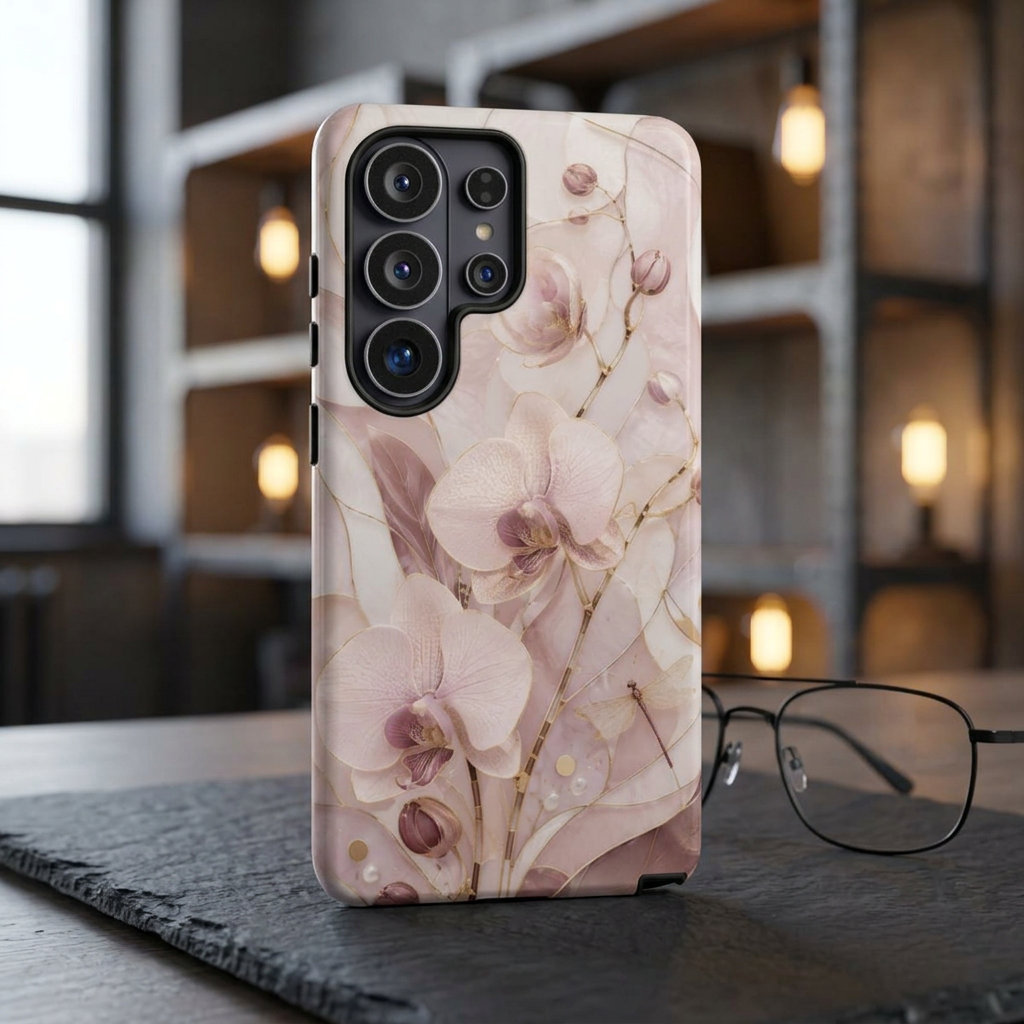Stained Glass Orchid Samsung Galaxy Phone Case | Pink Floral Protective Case