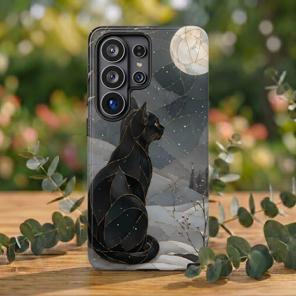 Black Cat Samsung Galaxy Phone Case | Moonlit Winter Phone Case