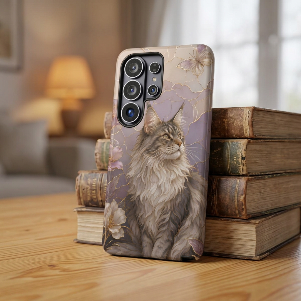 Maine Coon Cat Samsung Galaxy Phone Case | Floral Cat Phone Case