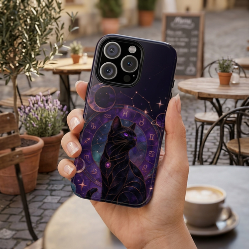 Black Cat Astrology iPhone Case | Zodiac Galaxy iPhone Case