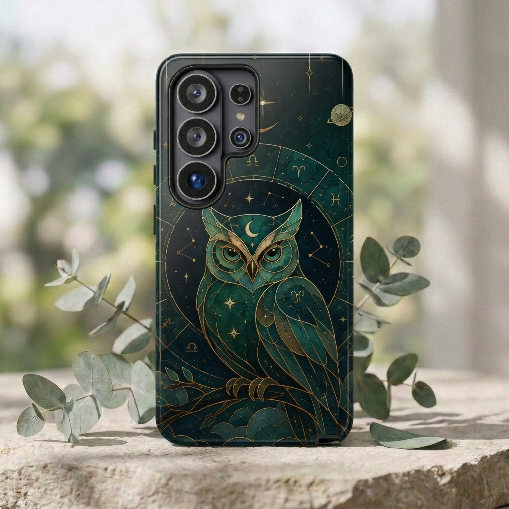 Moonlit Owl Samsung Galaxy Phone Case | Stained Glass Owl Phone Case