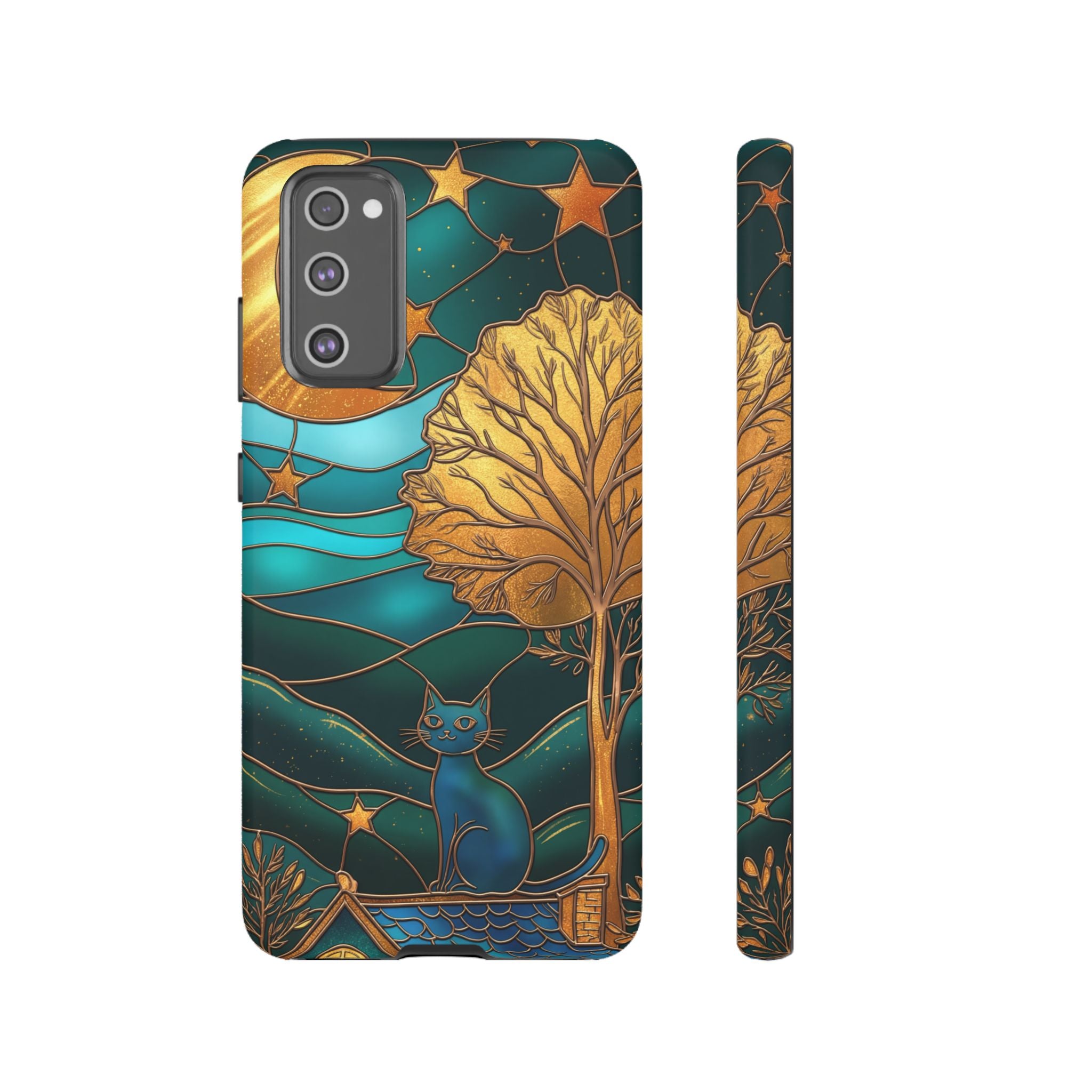 Stained Glass Cat Tough Samsung Galaxy Case | Gold Tree & Starry Night Design