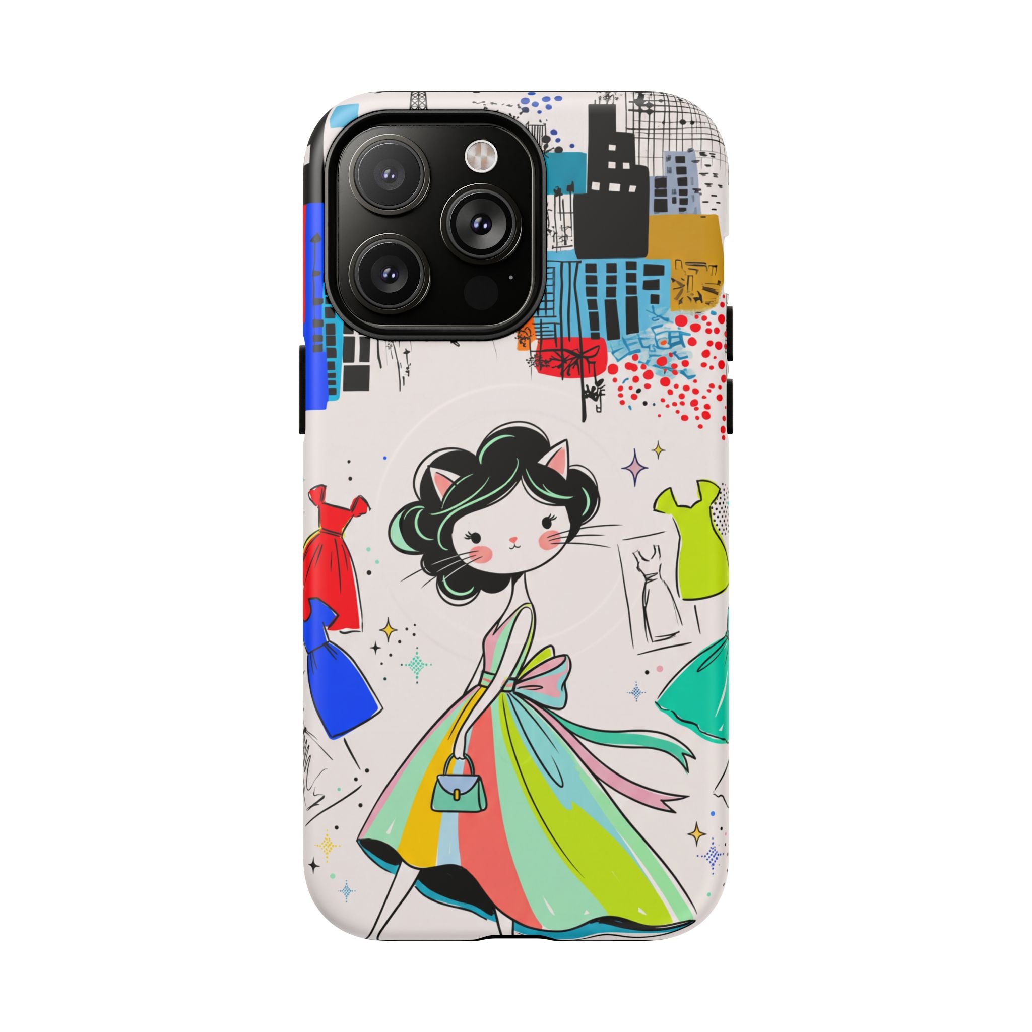 Retro Fashion Cat Girl MagSafe iPhone Case | Cute Dress & City Print