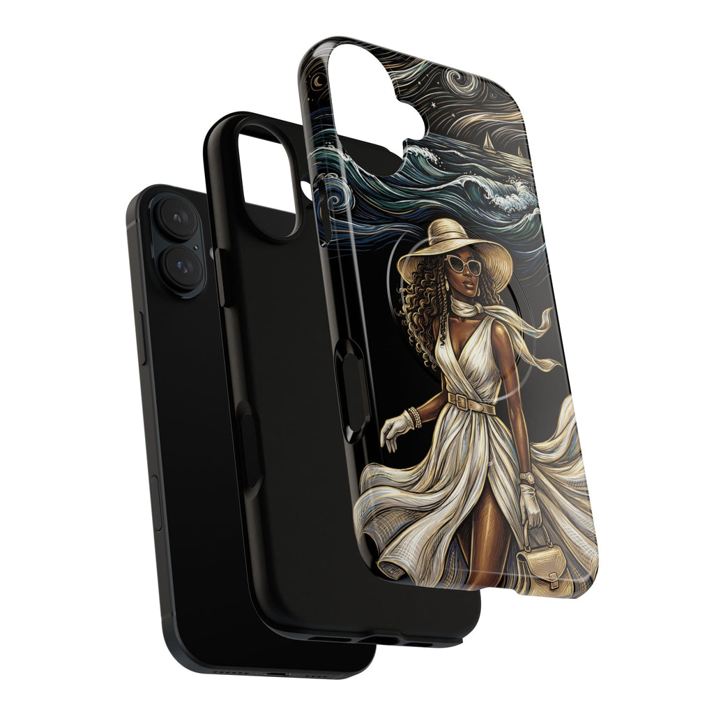 MagSafe iPhone Case | Elegant Black Woman in Flowing Dress by the Sea