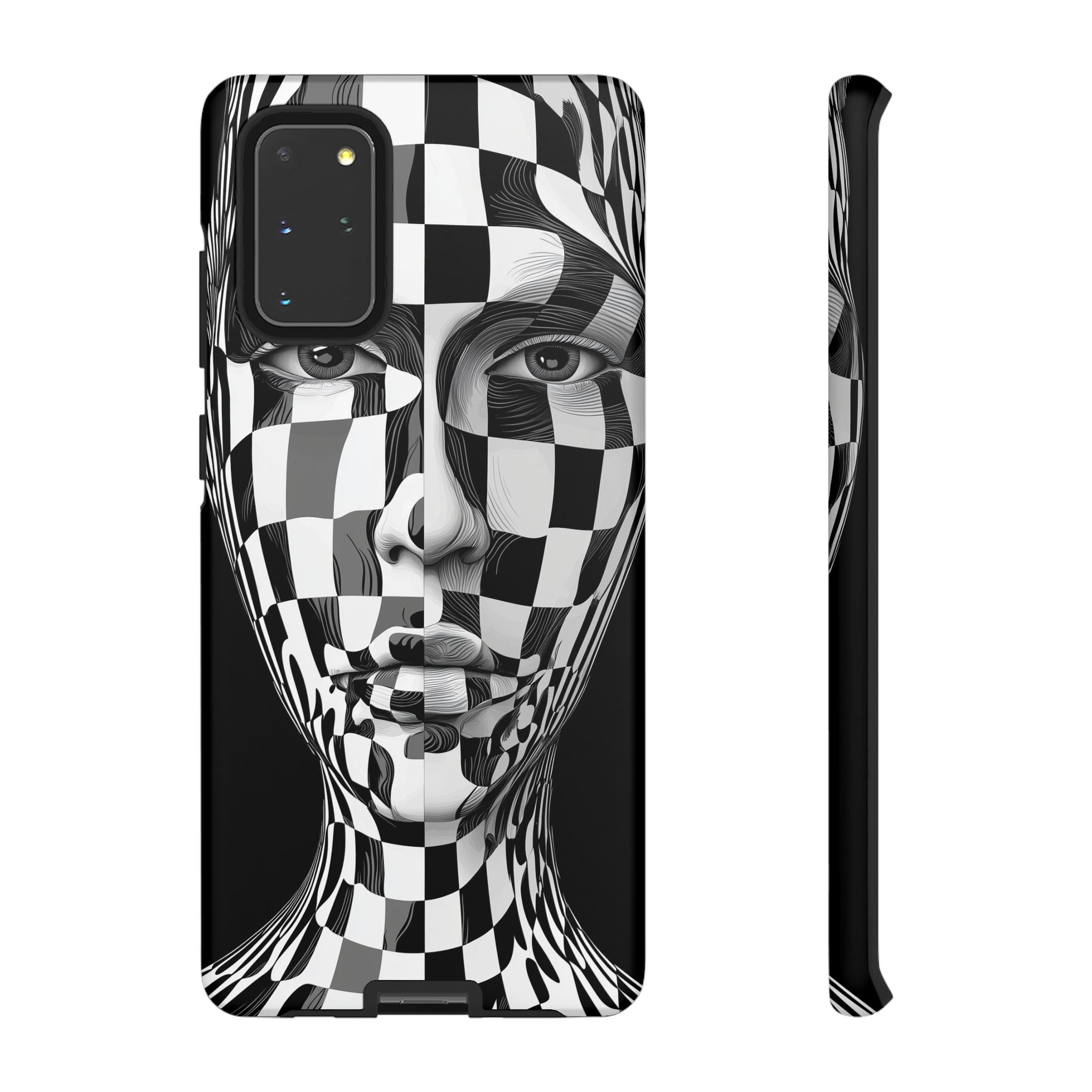 Checkerboard Face Tough Samsung Galaxy Case — Black & White Surreal Art Protective Cover