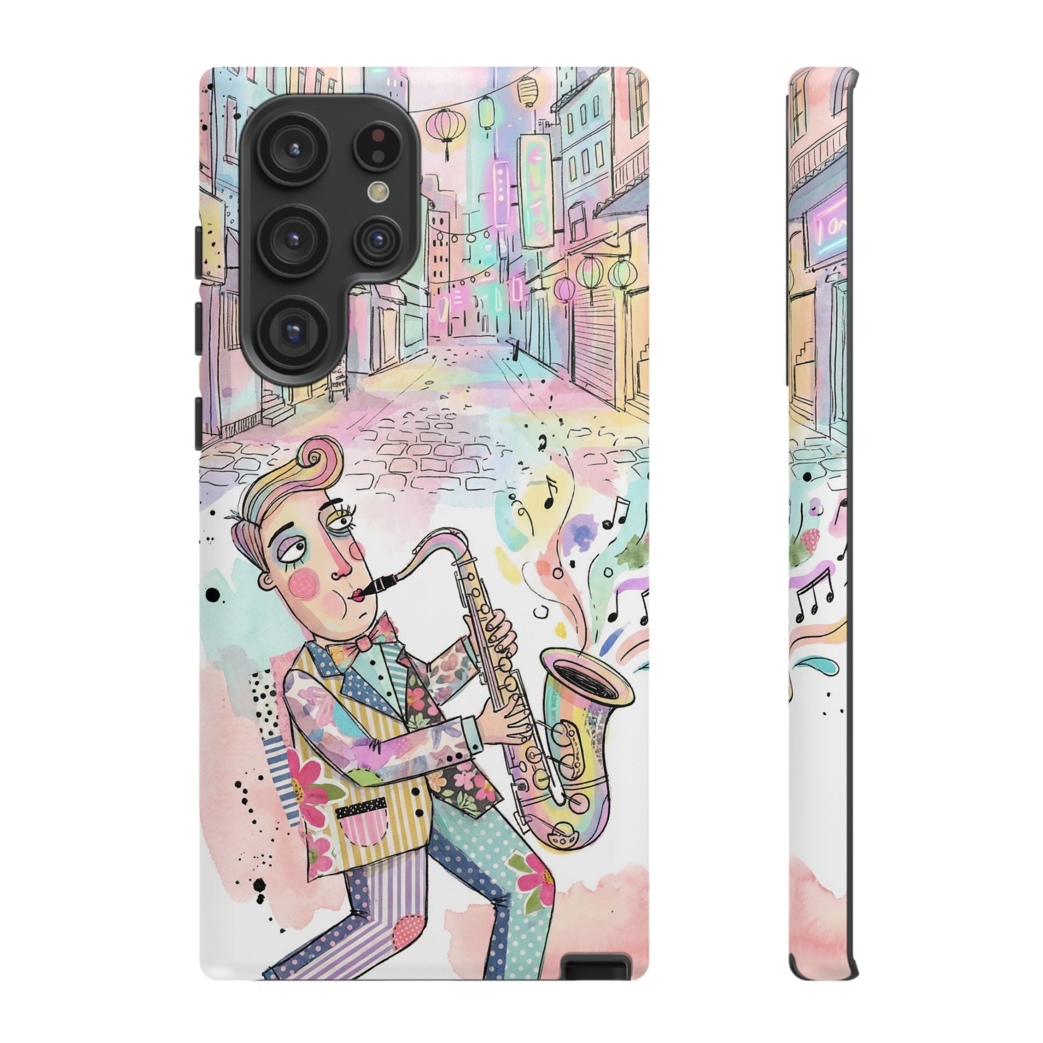 Sax Player Art Samsung Galaxy Phone Case | Pastel Jazz Street Illustration