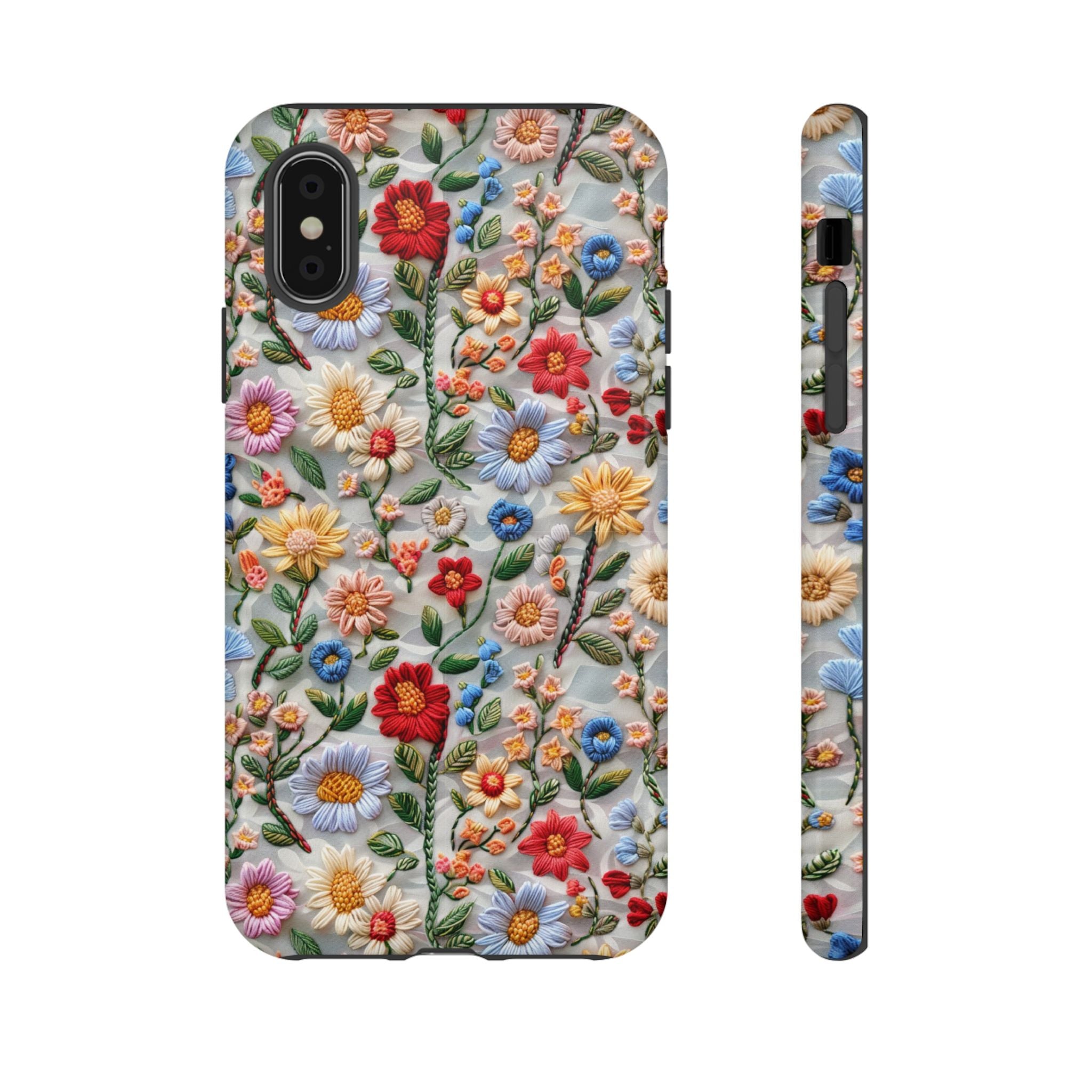 Floral Embroidered Pattern Tough iPhone Case — Colourful Daisy & Wildflower Design
