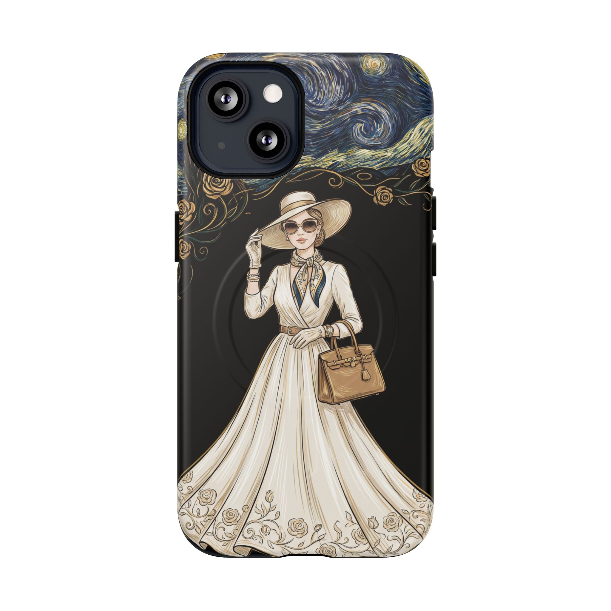 Vintage Starry Night Fashion MagSafe iPhone Case | Elegant Lady in White Dress