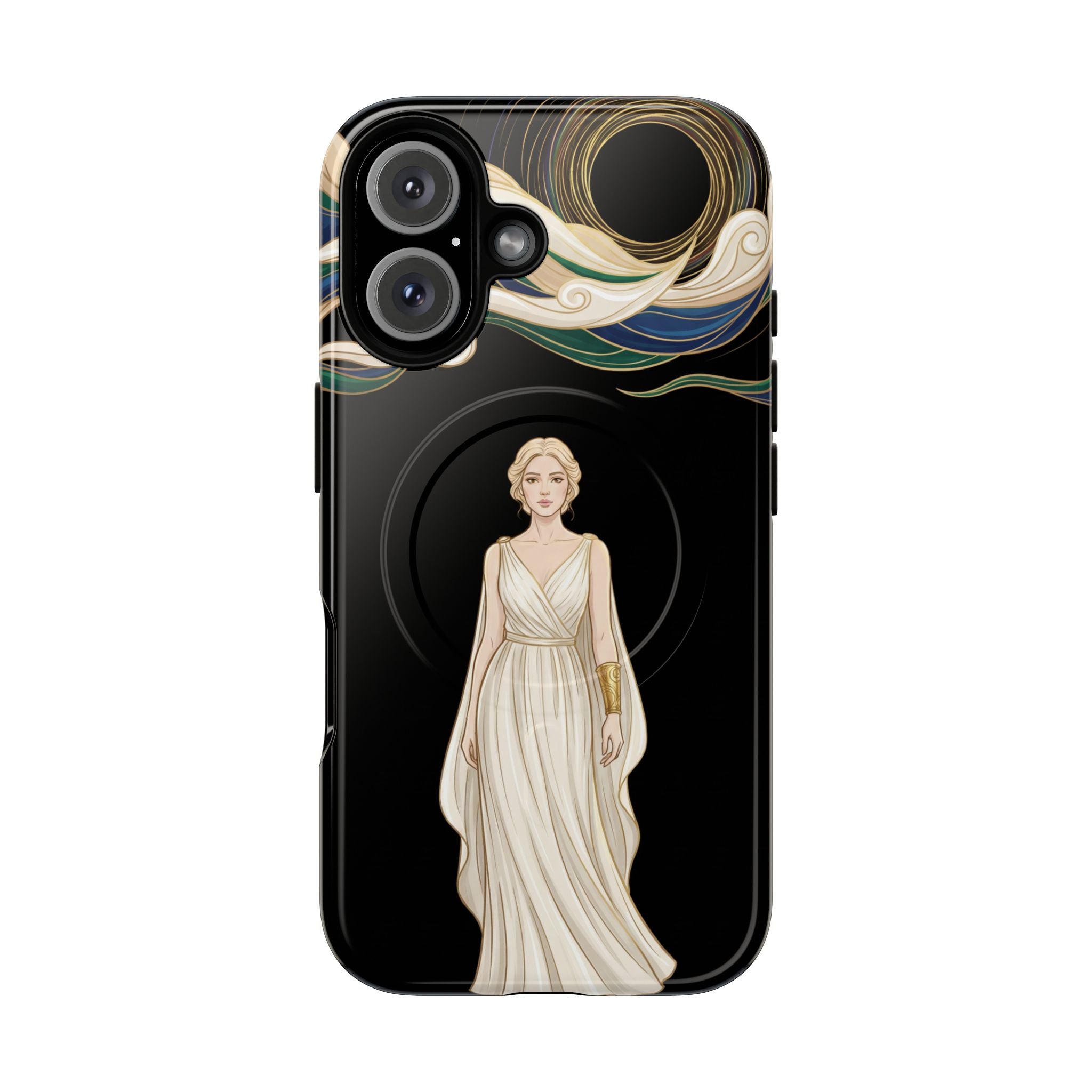 Art Nouveau Goddess MagSafe iPhone Case | Elegant Woman Illustration on Black