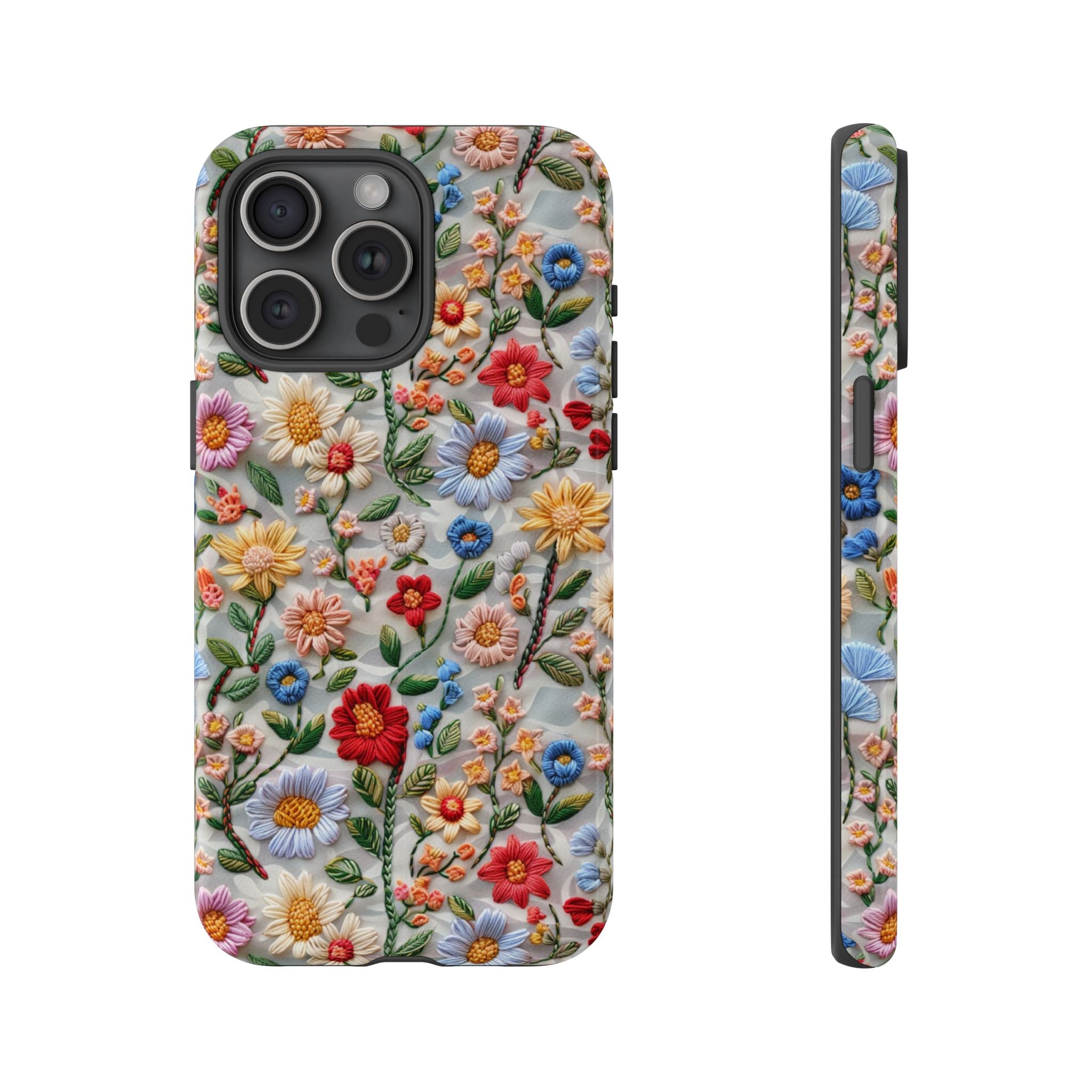Floral Embroidered Pattern Tough iPhone Case — Colourful Daisy & Wildflower Design