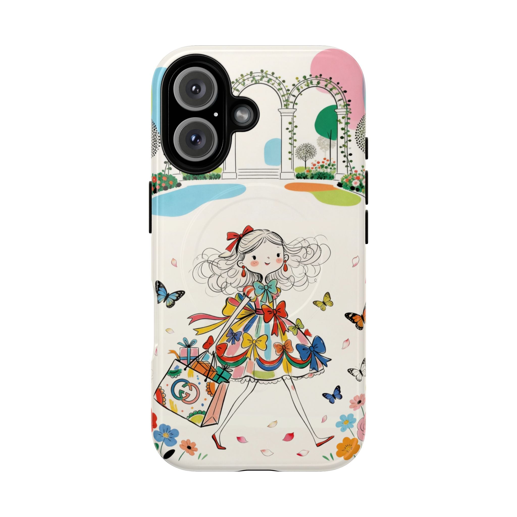 Whimsical Shopping Girl MagSafe iPhone Case | Cute Floral Butterfly Tough Case