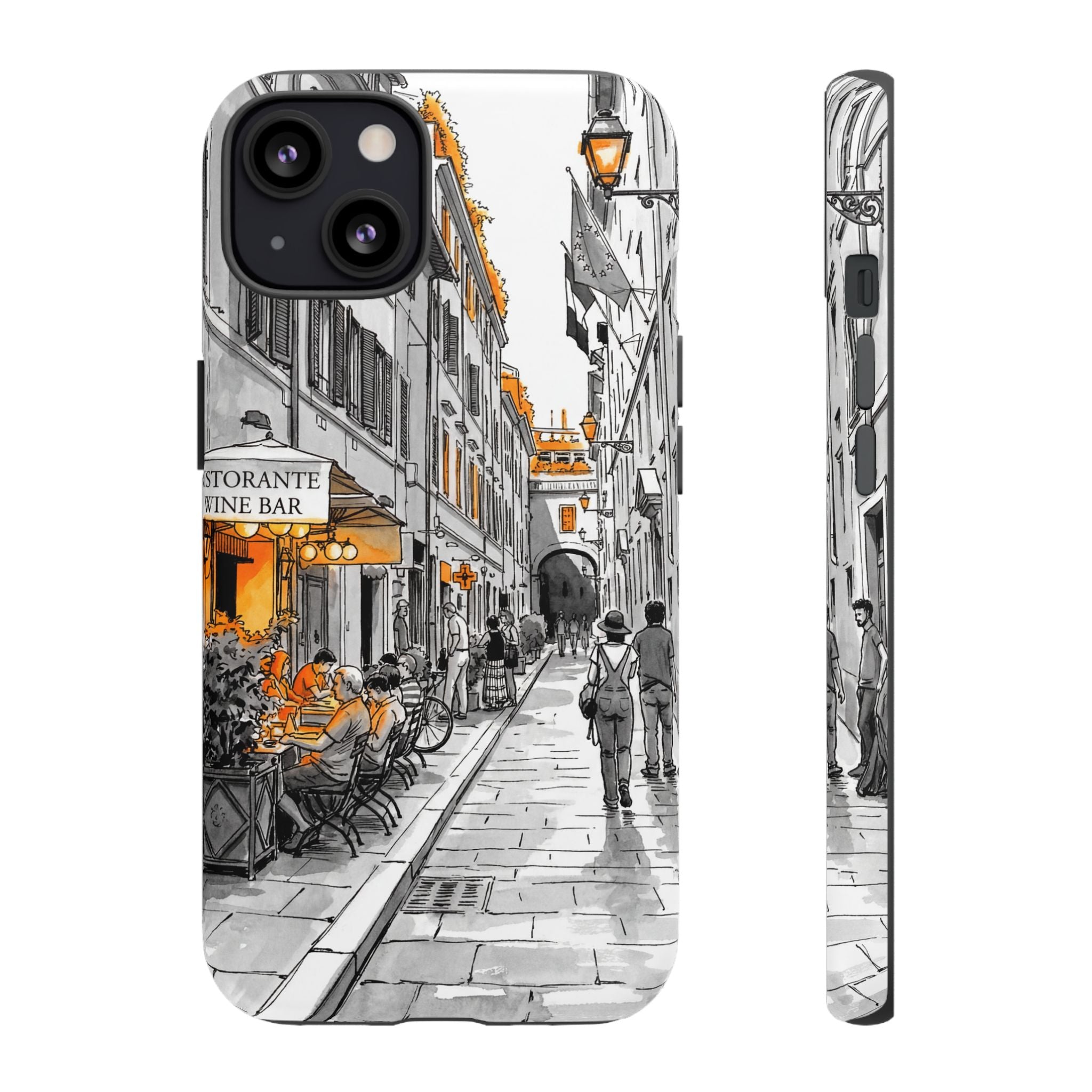Vintage Italy Street iPhone Case | Black & White Sketch with Orange Accent