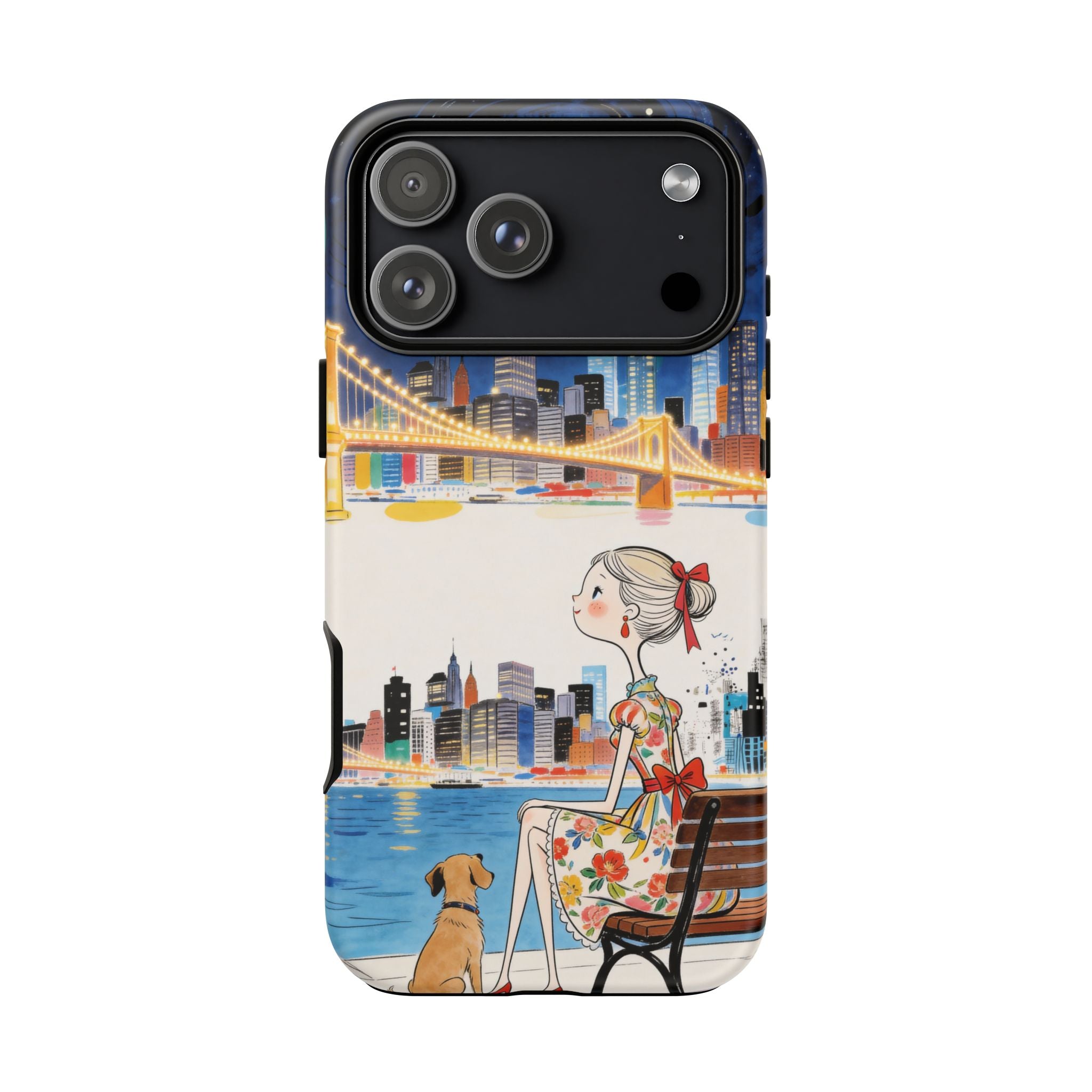City Night iPhone Case | Cute Girl & Dog Bench Illustration