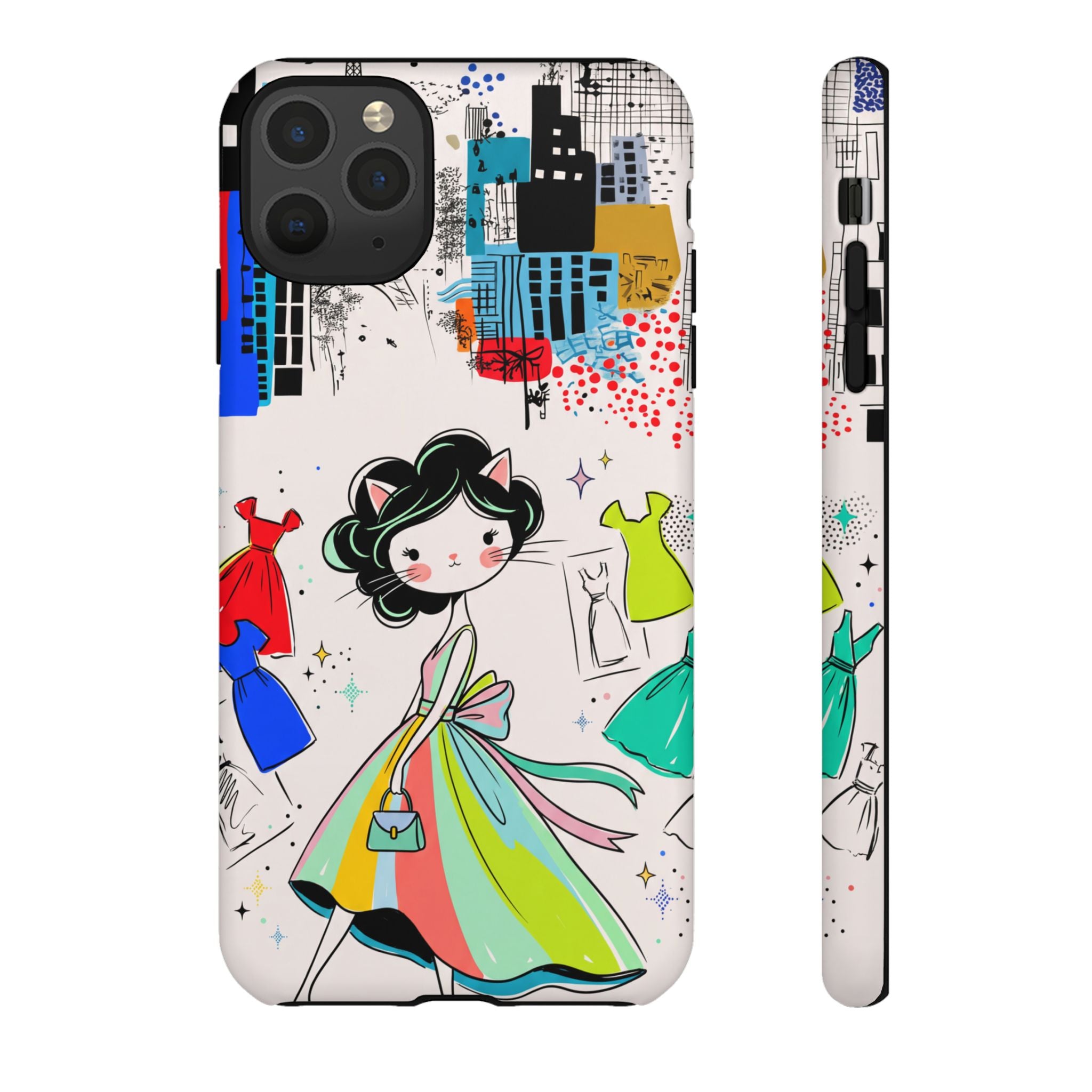 Retro Fashion Cat Girl iPhone Case | Cute Dress & City Print
