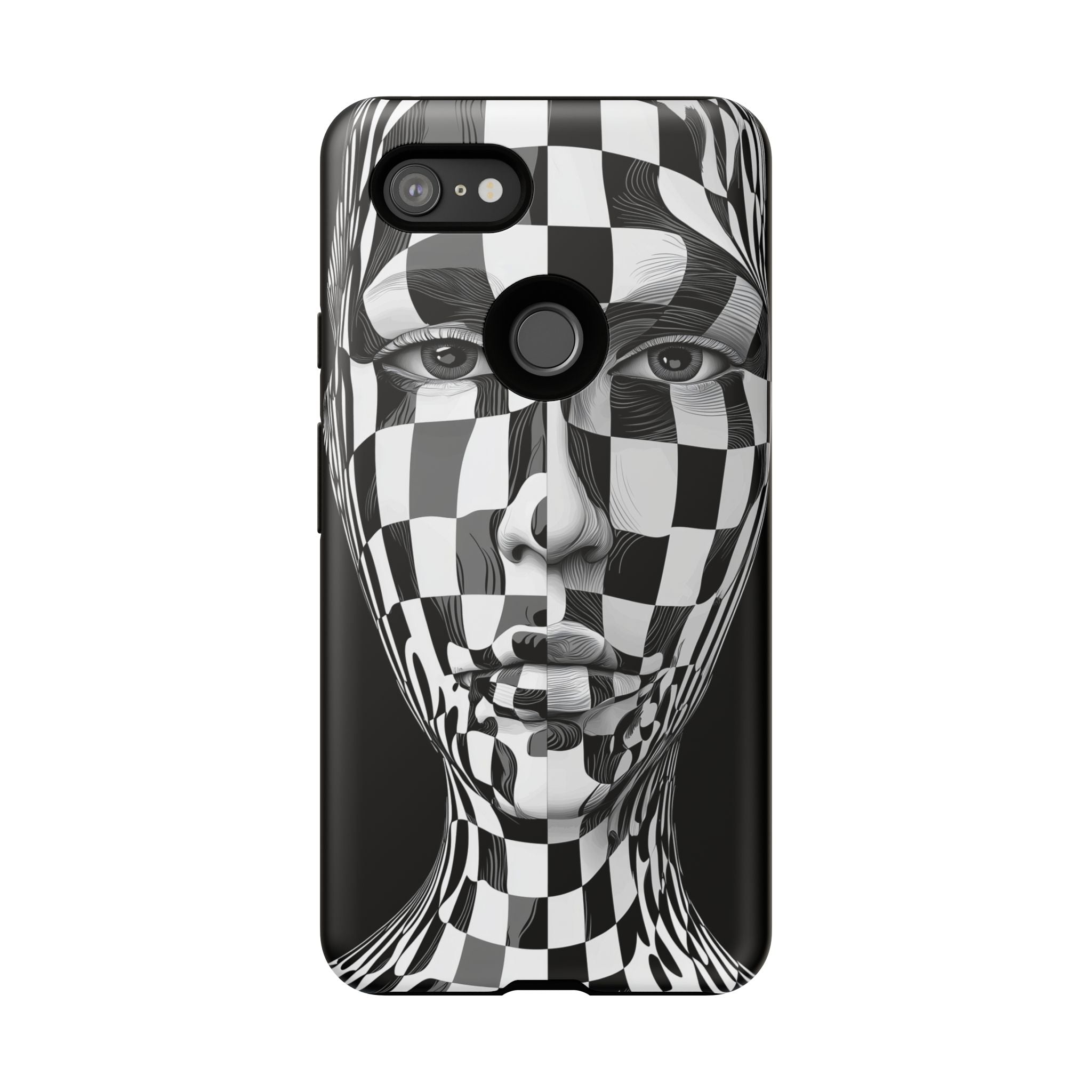 Checkerboard Face Tough Google Pixel Case — Black & White Surreal Art Protective Cover