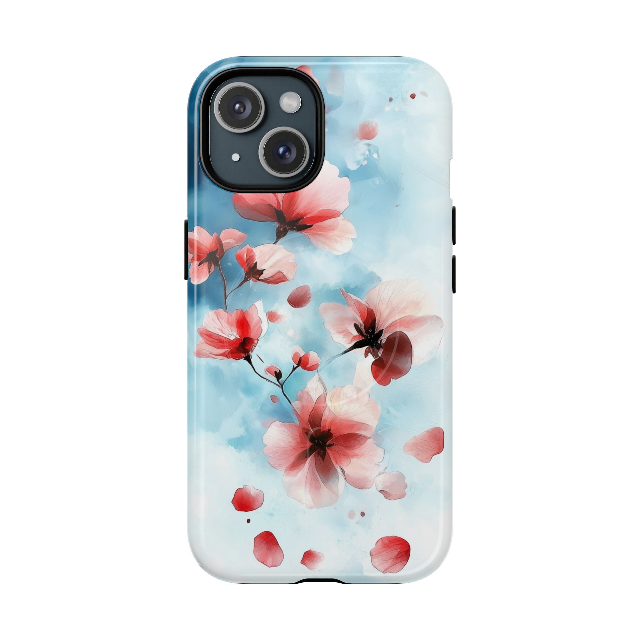 Custodia MagSafe per iPhone con motivo floreale di ciliegio | Rosa pastello e blu