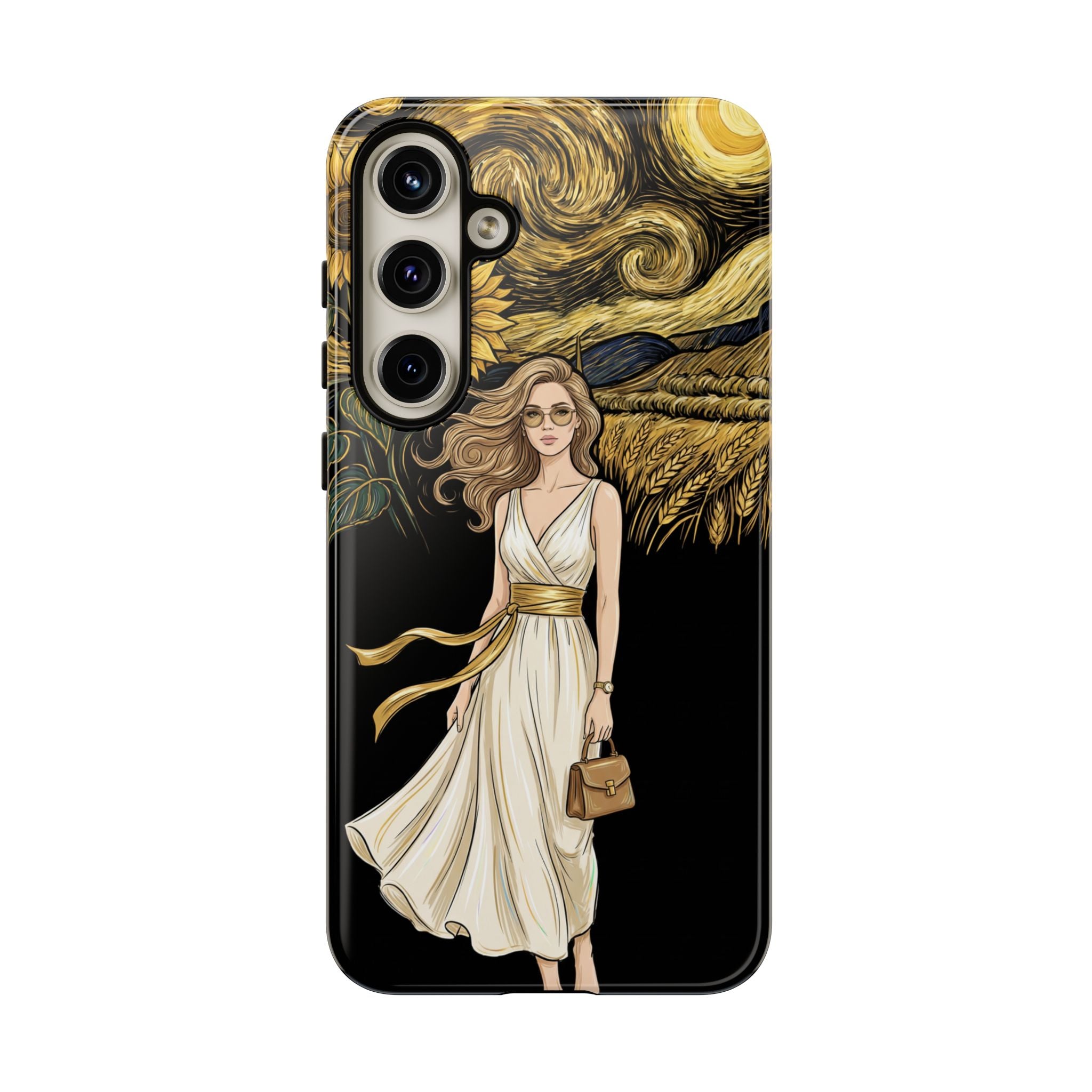 Sunflower Night Samsung Galaxy Phone Case | Woman in Flowing Dress Van Gogh Style