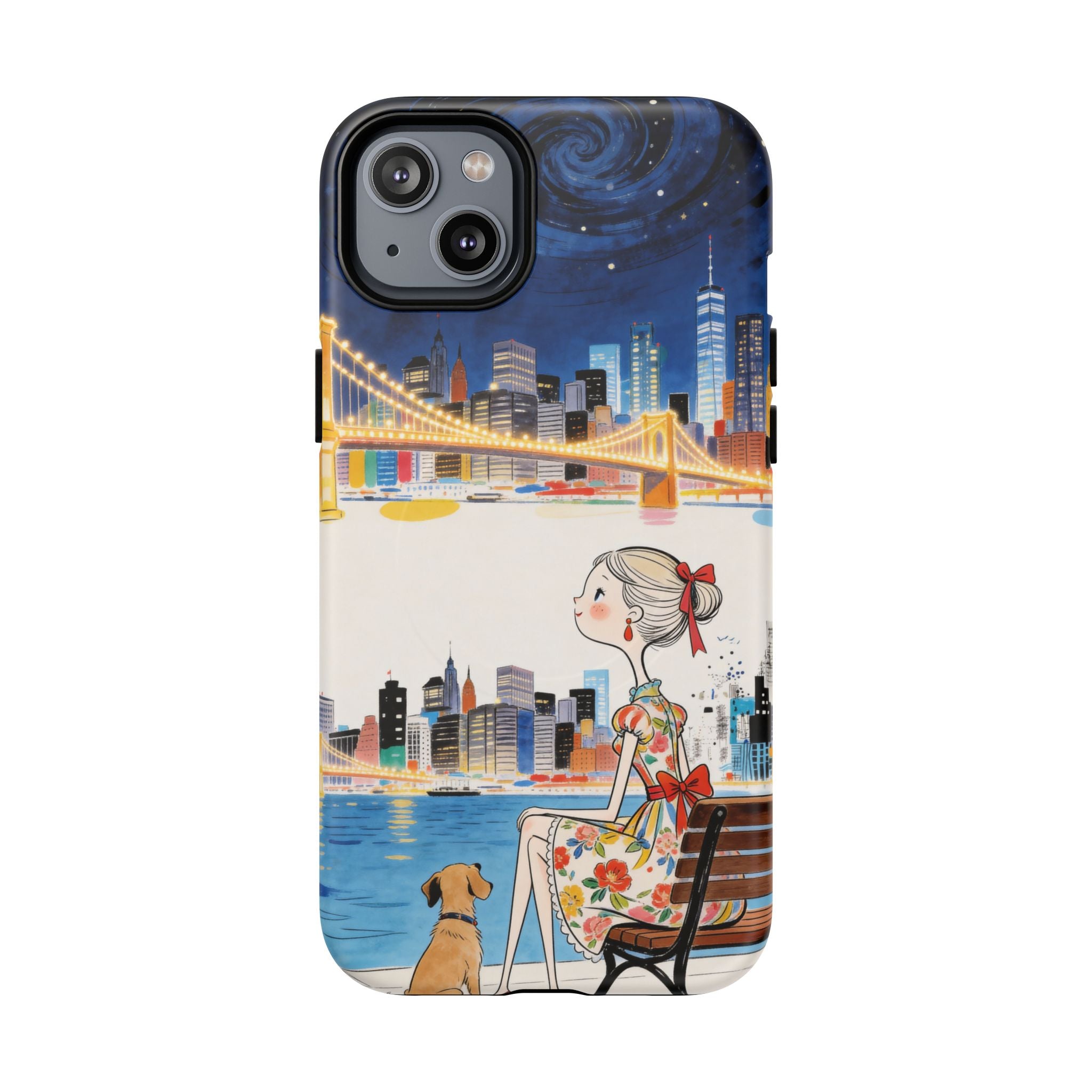 City Night MagSafe iPhone Case | Cute Girl & Dog Bench Illustration
