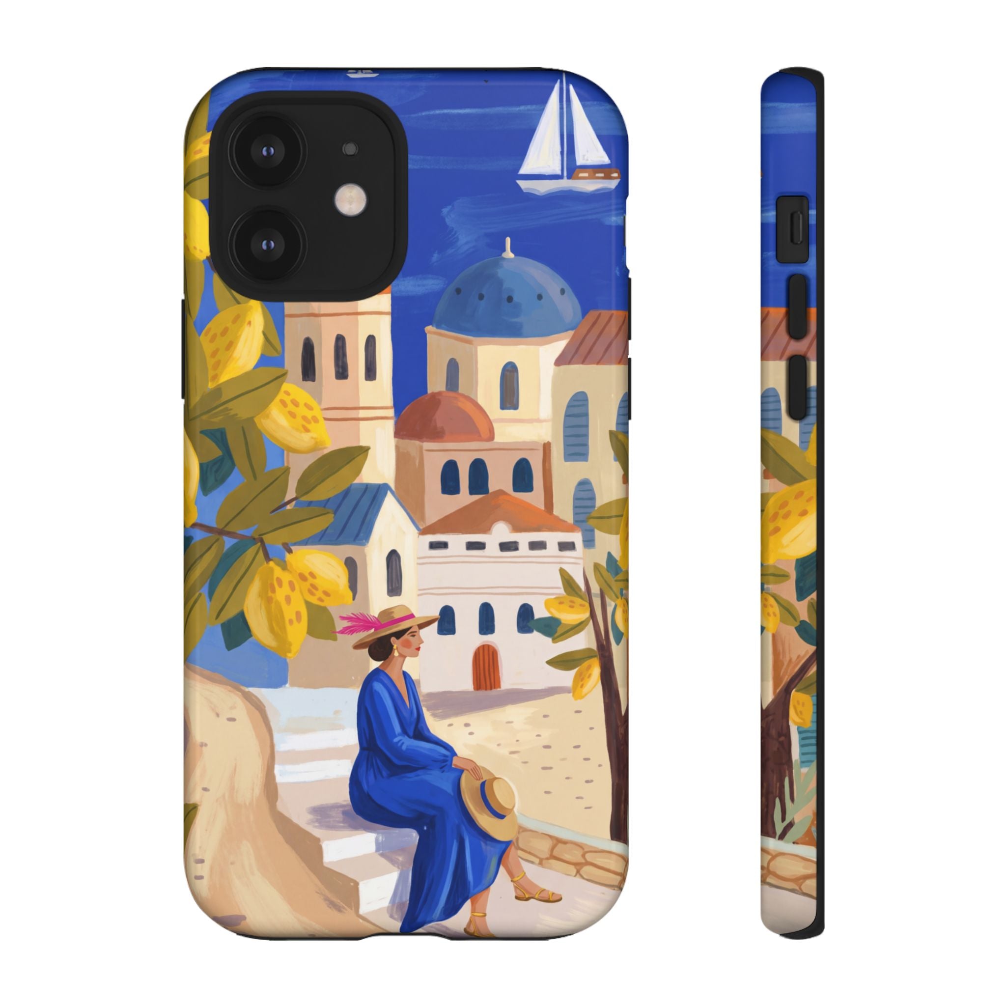 Mediterranean Village iPhone Case | Scenic Sailboat & Lemon Grove Design
