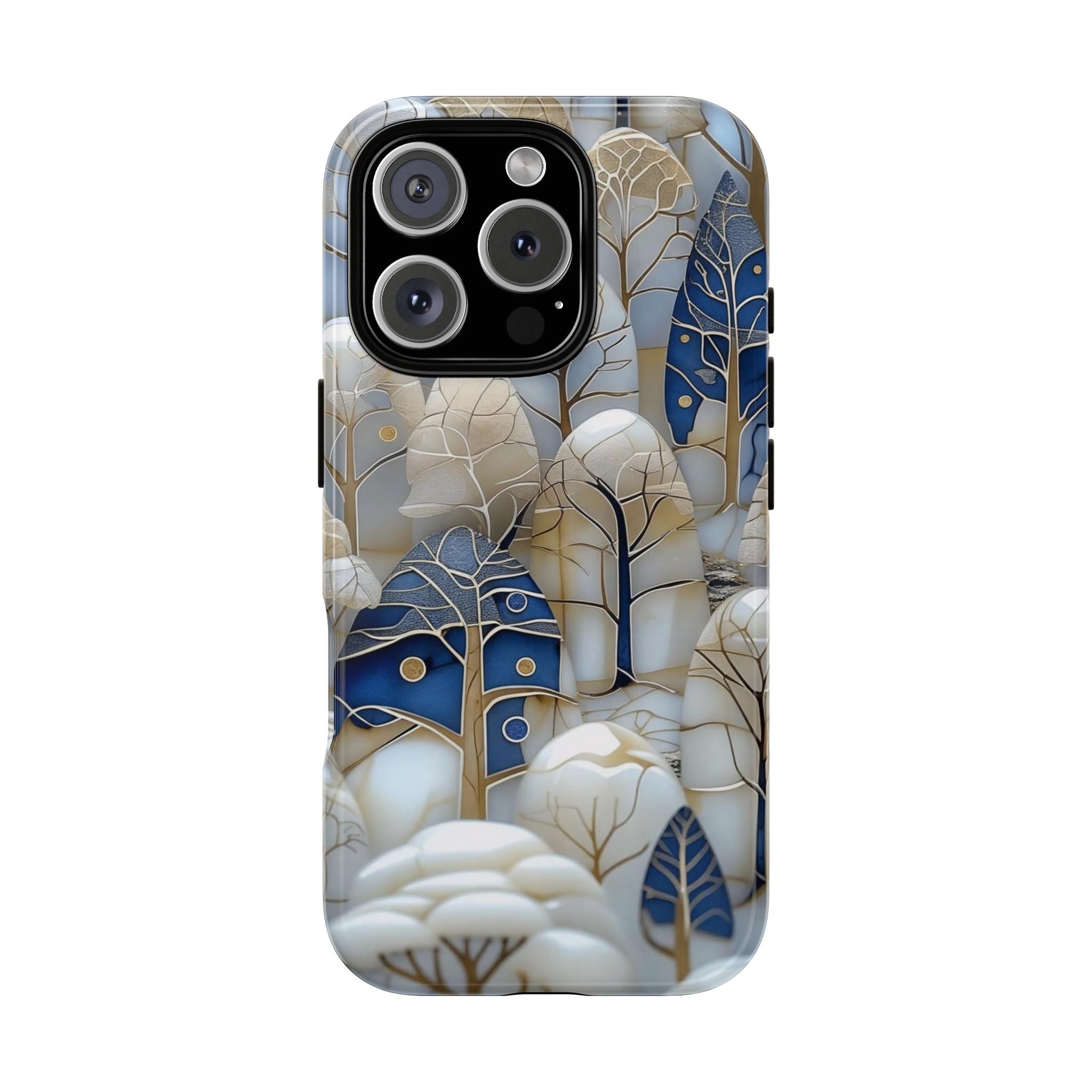 Blue Gold Winter Forest iPhone Case — Elegant Tree Pattern Tough Case