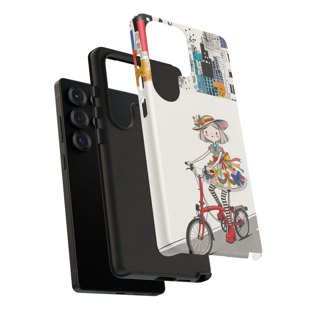 Whimsical Girl on Brompton Bicycle Urban Illustration Samsung Galaxy Phone Case