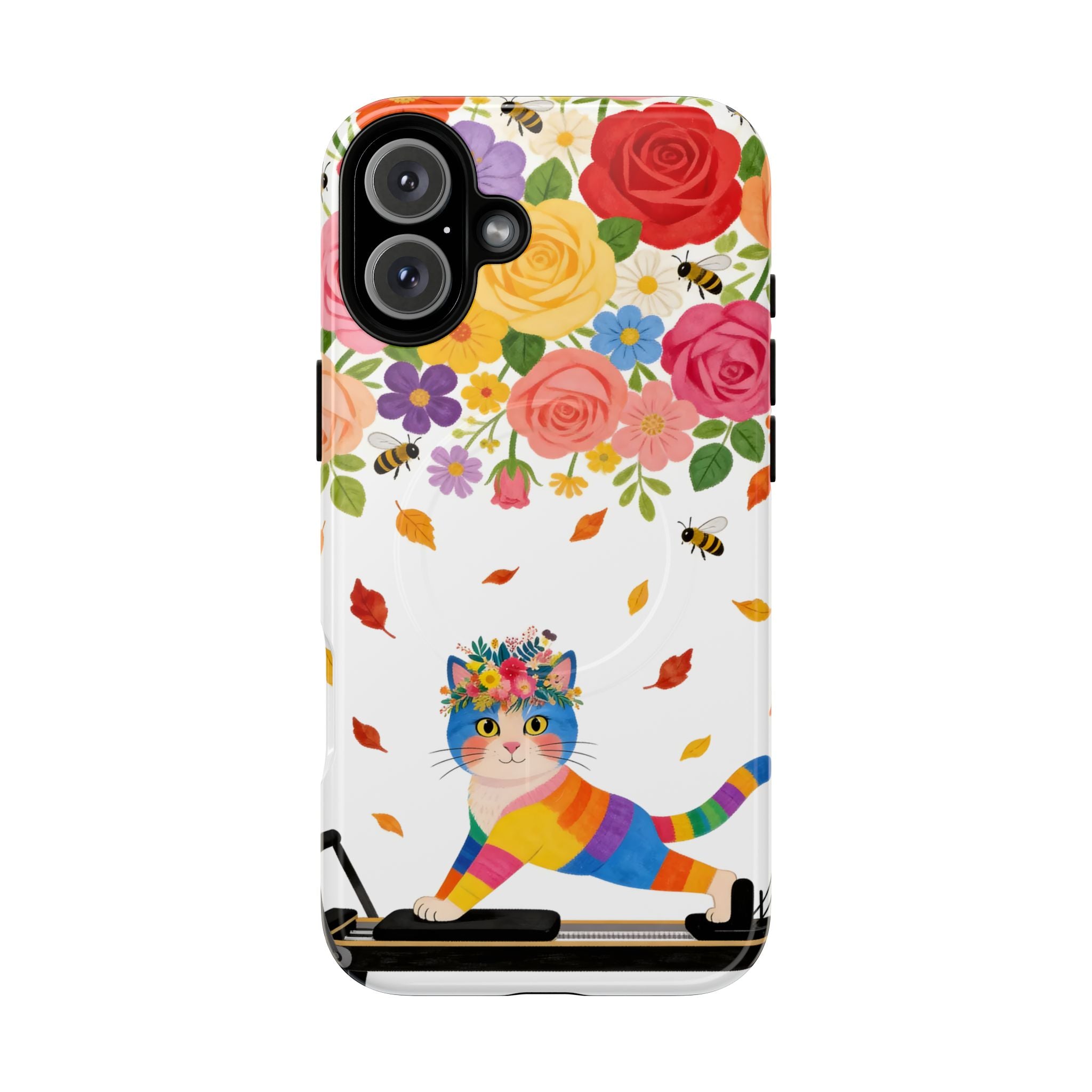 Floral Rainbow Cat Tough MagSafe iPhone Case — Colorful Pilates Cat Design