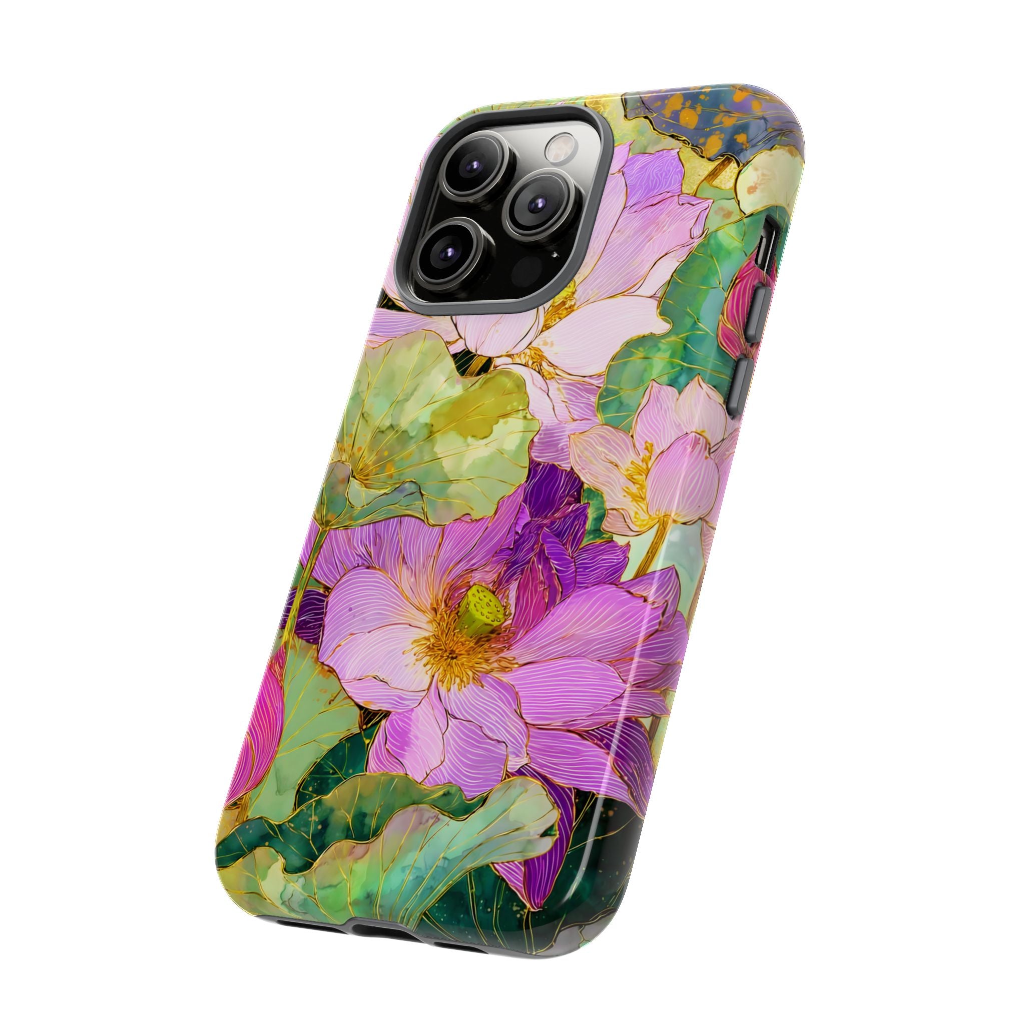 Floral Watercolor Tough iPhone Case | Pink Lotus Garden Protective Cover