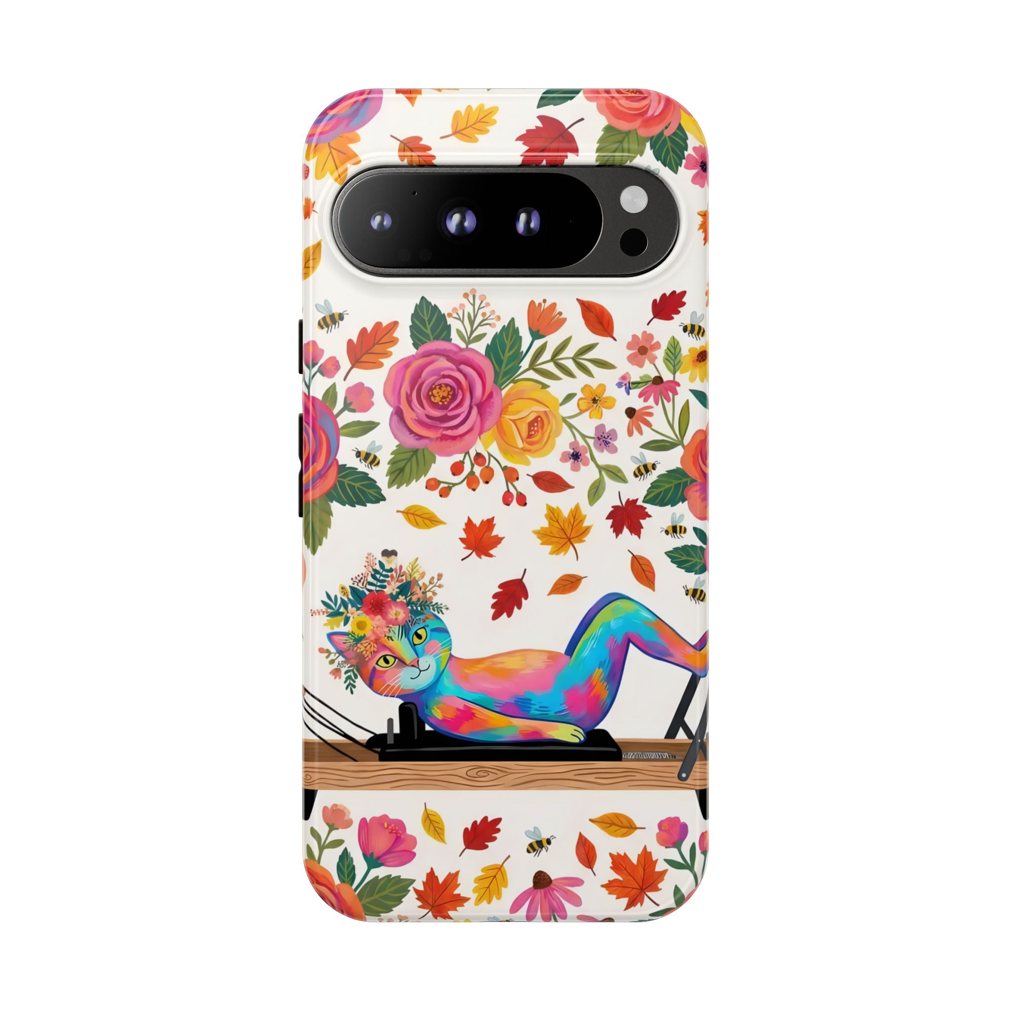Autumn Floral Pilates Google Pixel Phone Case | Colorful Rainbow Pilates Cat on Falling Leaves