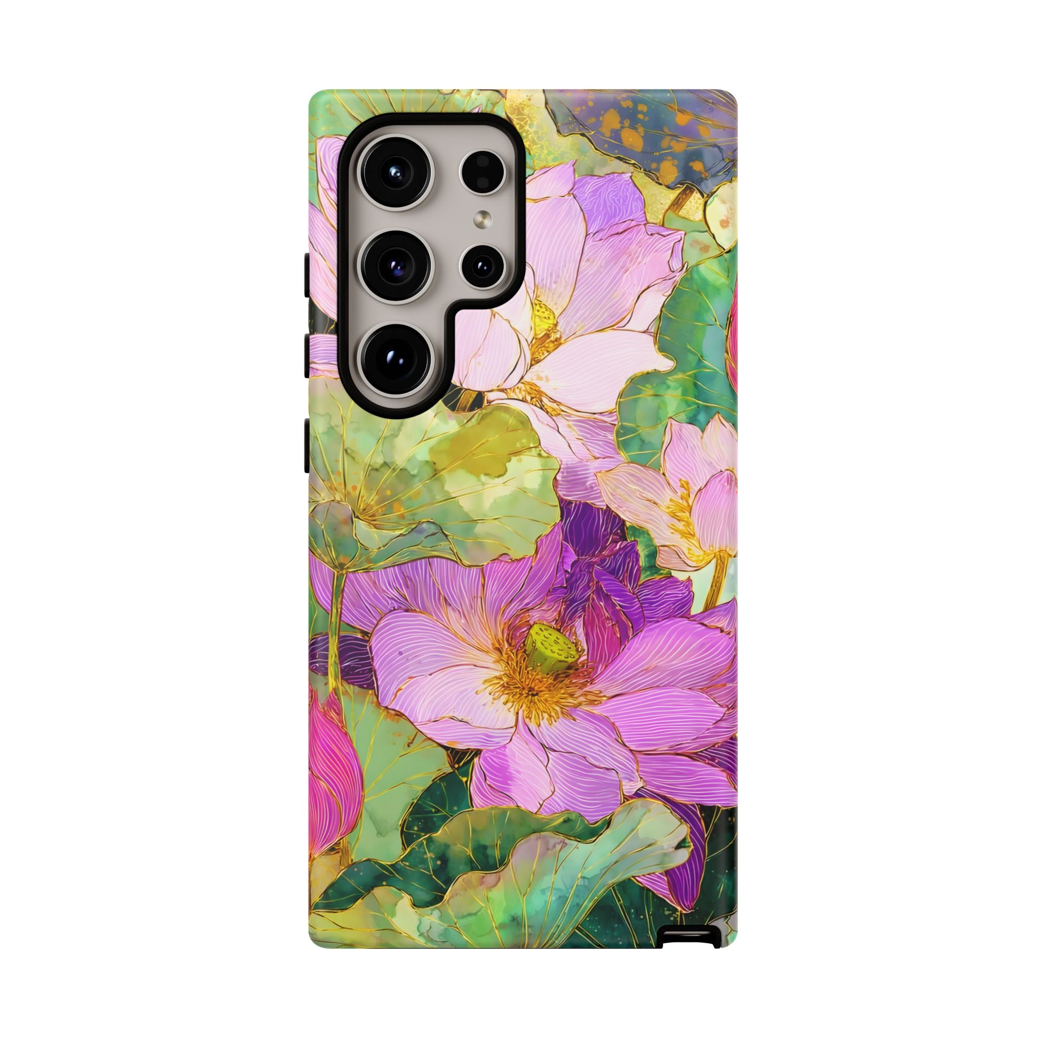 Custodia Protettiva Resistente per Telefono Samsung Galaxy con Acquerello Floreale | Cover Protettiva Giardino di Loto Rosa