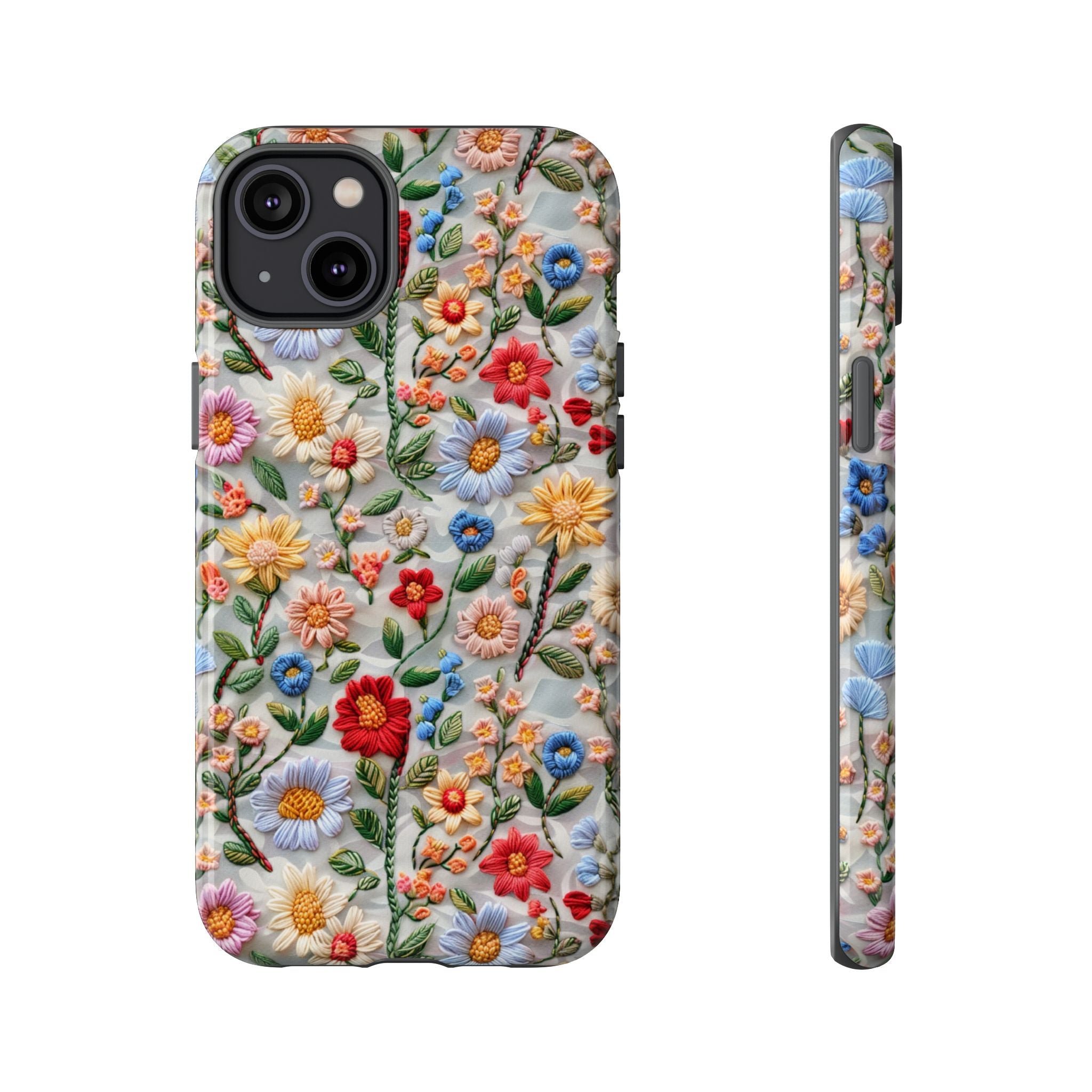 Floral Embroidered Pattern Tough iPhone Case — Colourful Daisy & Wildflower Design