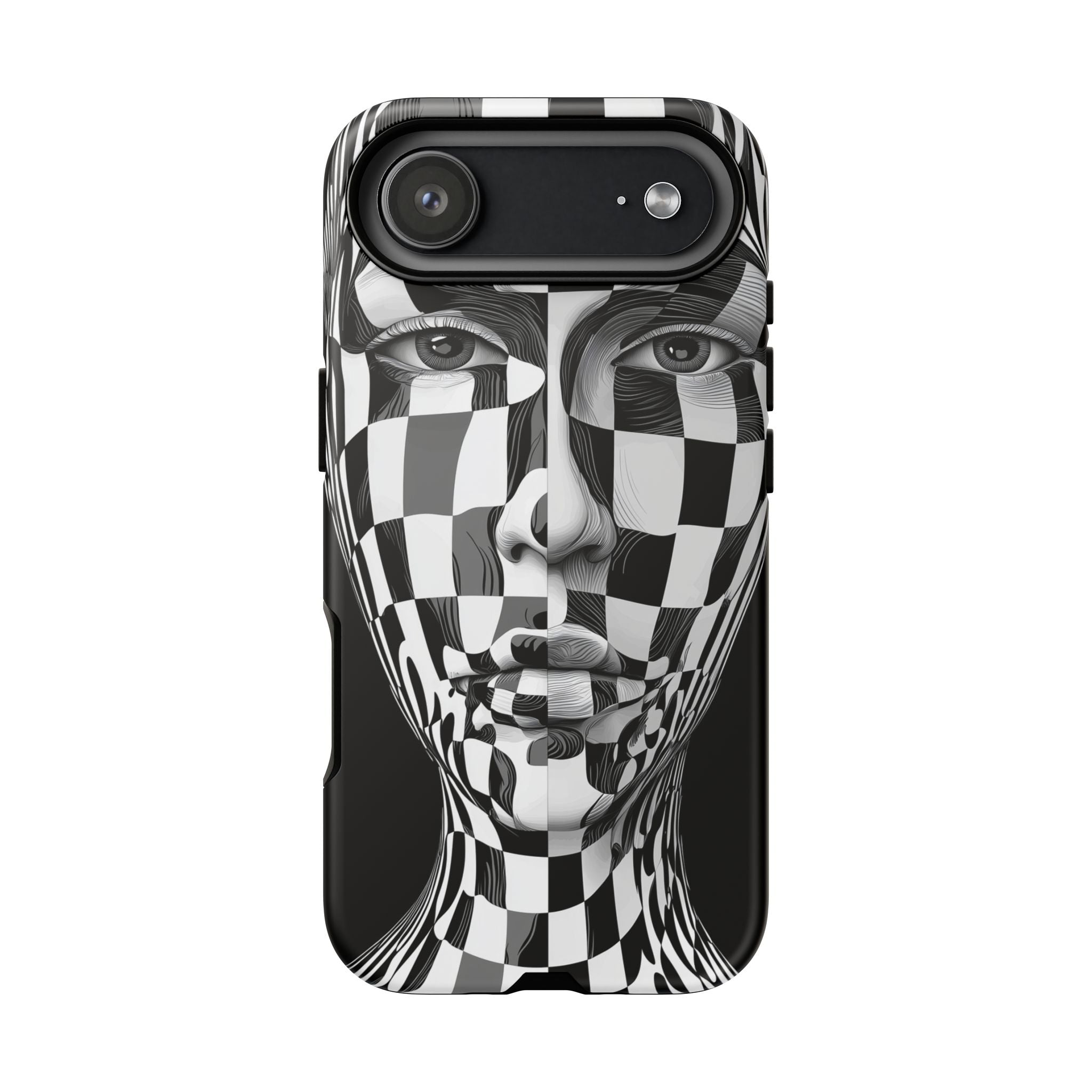Checkerboard Face Tough iPhone Case — Black & White Surreal Art Protective Cover