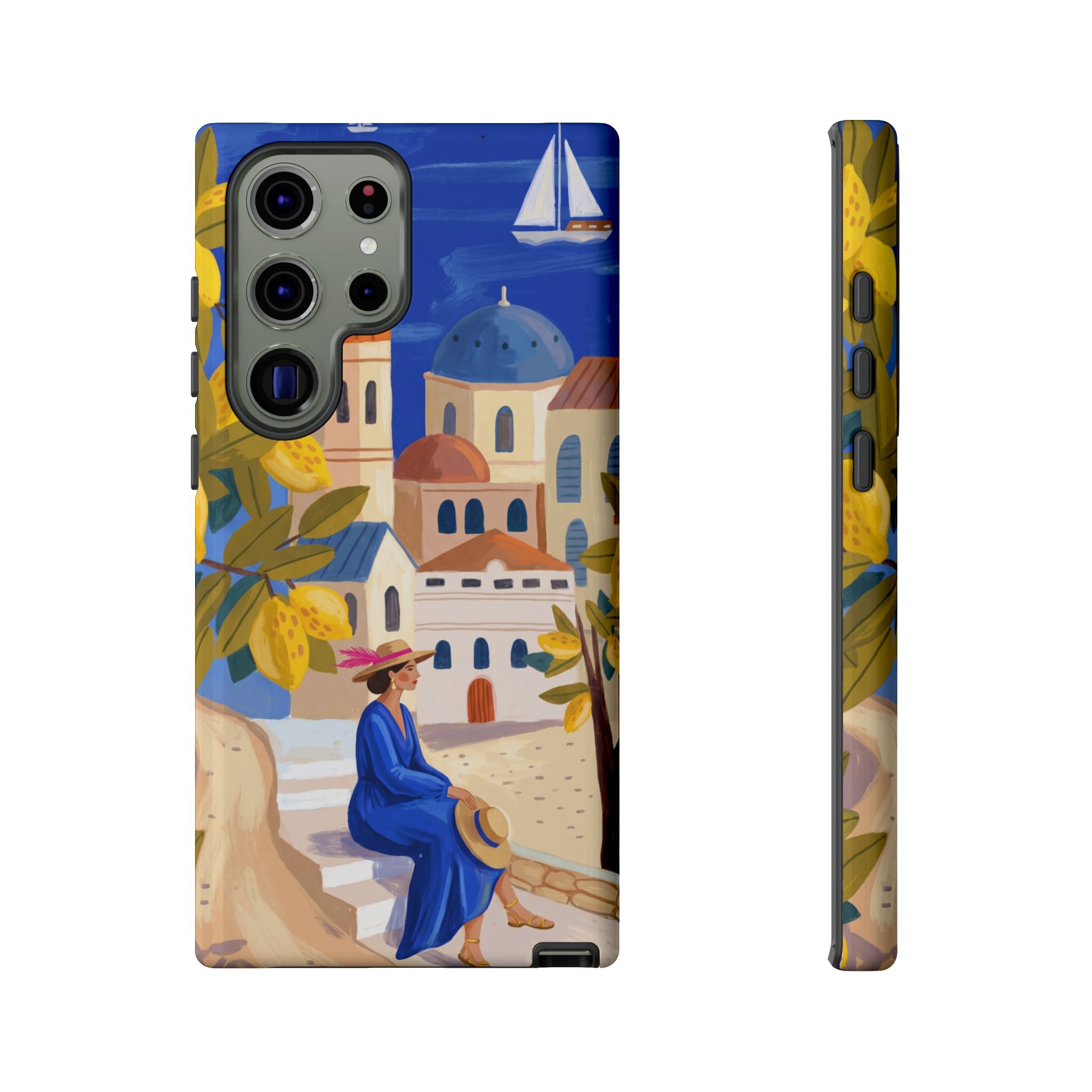 Mediterranean Village Samsung Galaxy Phone Case | Scenic Sailboat & Lemon Grove Design